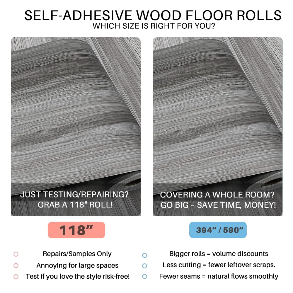 auxua Wood Grain Peel and Stick Floor Tiles – 11.8” Width, Full Roll Length of 118" – Versatile Design for Any Space, Grey Self Adhesive Vinyl Flooring, Waterproof and Non-Slip Features