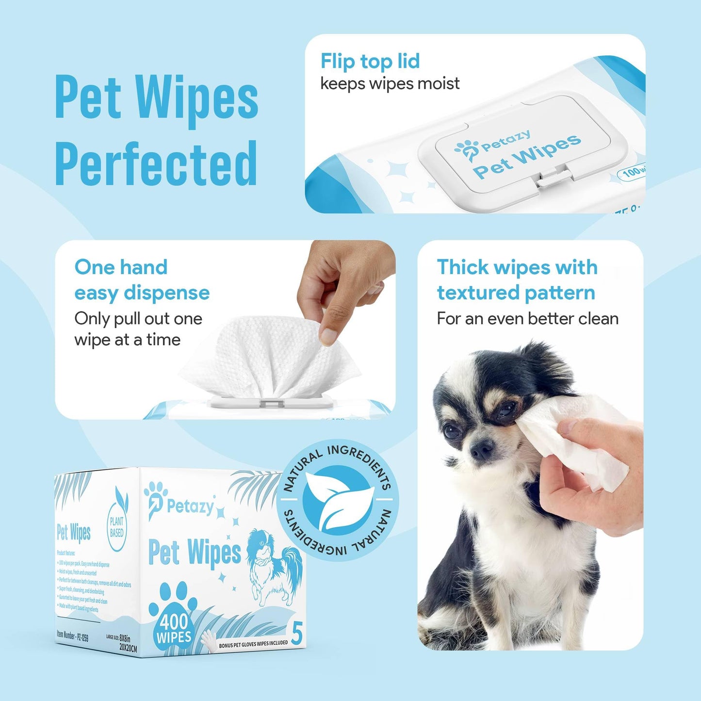 Petazy 400 Dog Wipes for Paws and Butt Ears Eyes | Organic Pet Wipes for Dogs | Unscented Dog Wipes Cleaning Deodorizing | Extra Thick Paw Wipes for Dogs Cats Pets | Bonus Glove Wipes Included