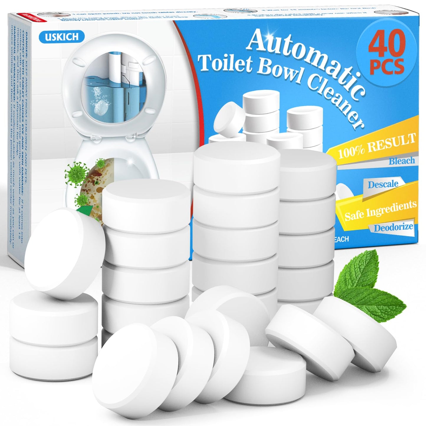 USKICH Toilet Bowl Cleaner Tablets 20 PACK, Bathroom Automatic Toilet Tank Cleaners with Bleach, Slow-Releasing Household Toilet Cleaners for Deodorizing, Descaling, against Tough Stains