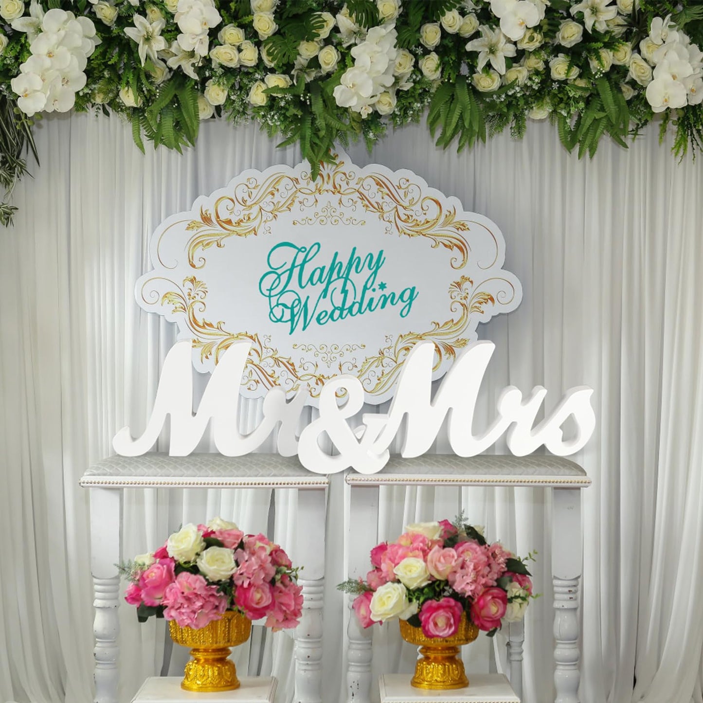 GarveeHome Large Mr & Mrs Sign for Wedding & Anniversary Centerpiece Table Decor, Freestanding White Wooden Letter