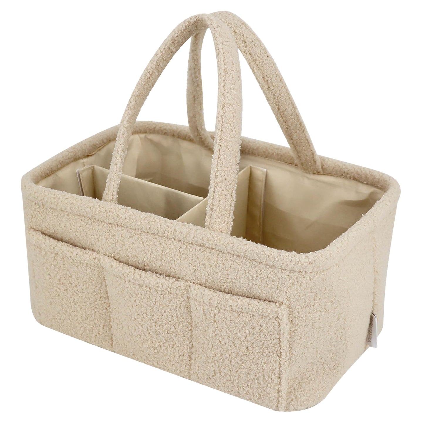 YelloIris Baby Diaper Caddy Organizer – Soft Beige Sherpa with 3 Removable Compartments & 6 Side Pockets – Perfect Nursery Storage Bin & Car Organizer for Diapers, Baby Wipes, and Essential Supplies.
