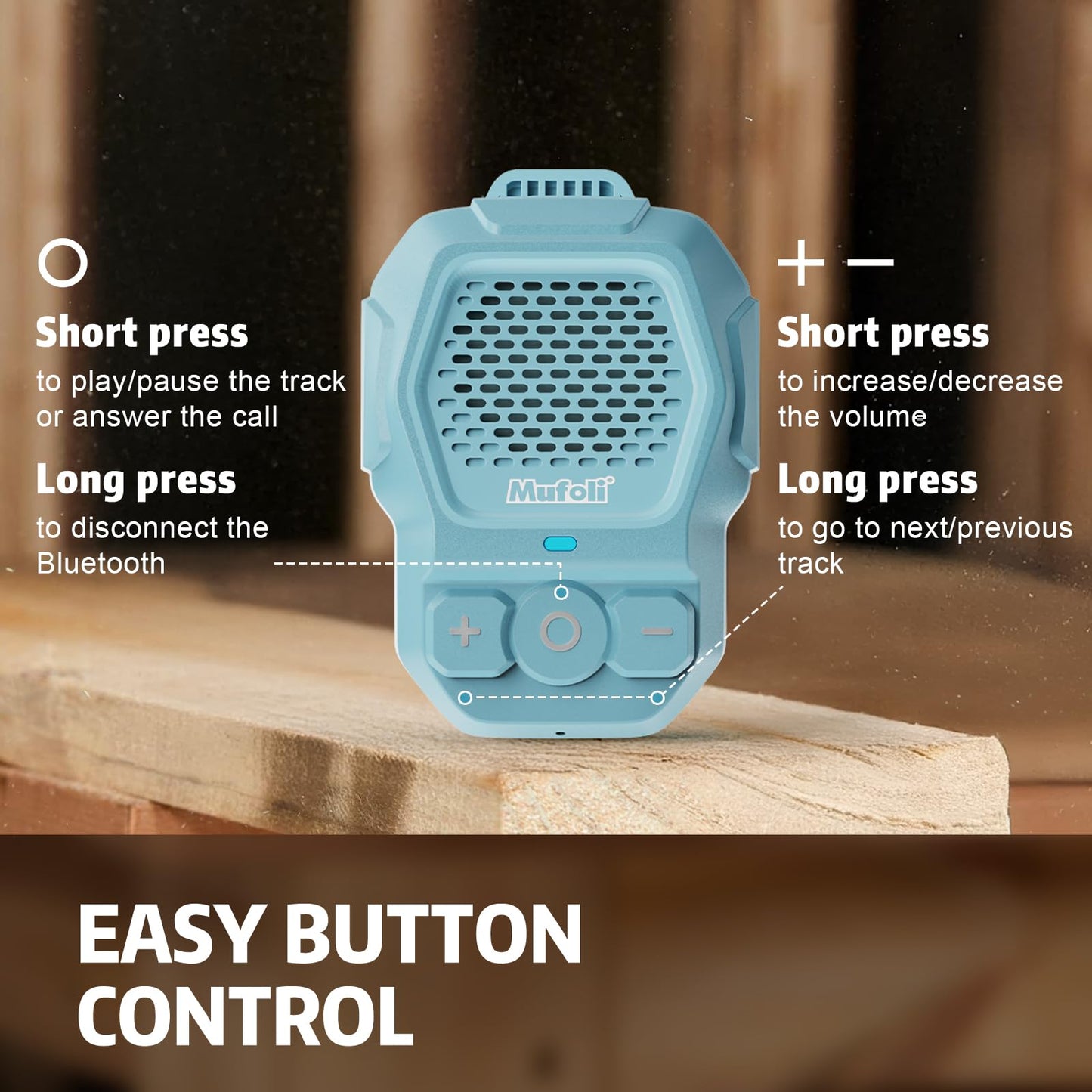 Mufoli Wearable Bluetooth Speaker, Wireless Portable Speakers, Waterproof Jobsite Speaker Up to 14 Hours Playtime, Clip Speaker Built-in Mic for Hands-Free Music/Calls, for Outdoors (Blue)