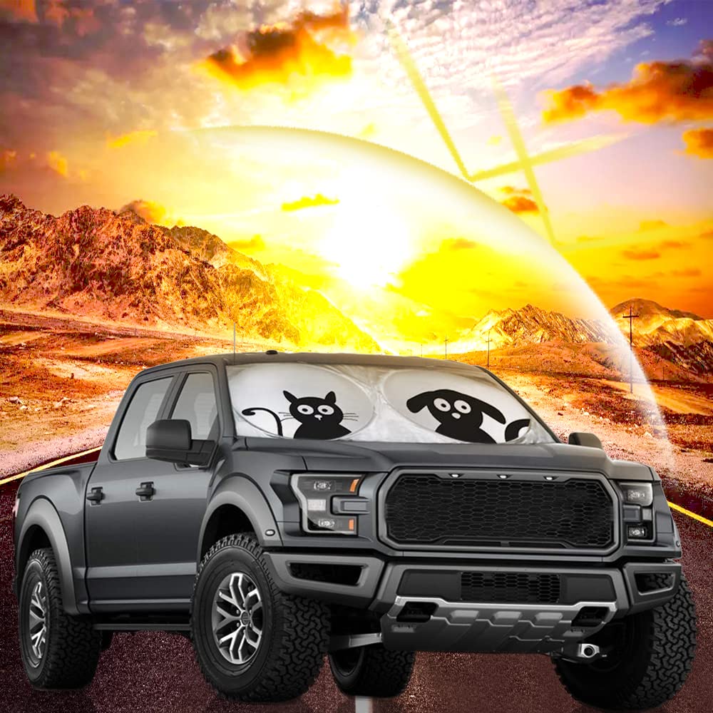 Car Windshield Sunshade with Pet Design, Cute Dog & Cat Cartoon Front Windshield Sun Shade Foldable Sunshade Blocks Heat UV Rays, Protect Interior Keep Cool, Fits Cars SUV Truck - Medium