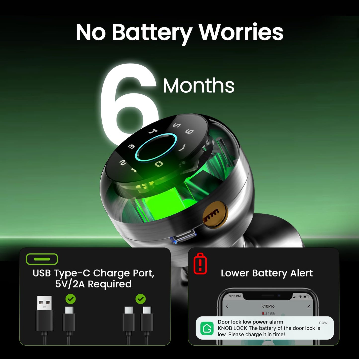 GHome Smart Fingerprint Door Lock, Fingerprint Door Knob with Keypad & App Control & Keys, Auto-Lock, Door Locks for Bedroom/Home/Garage/Apartment/Office, Local Data Storage