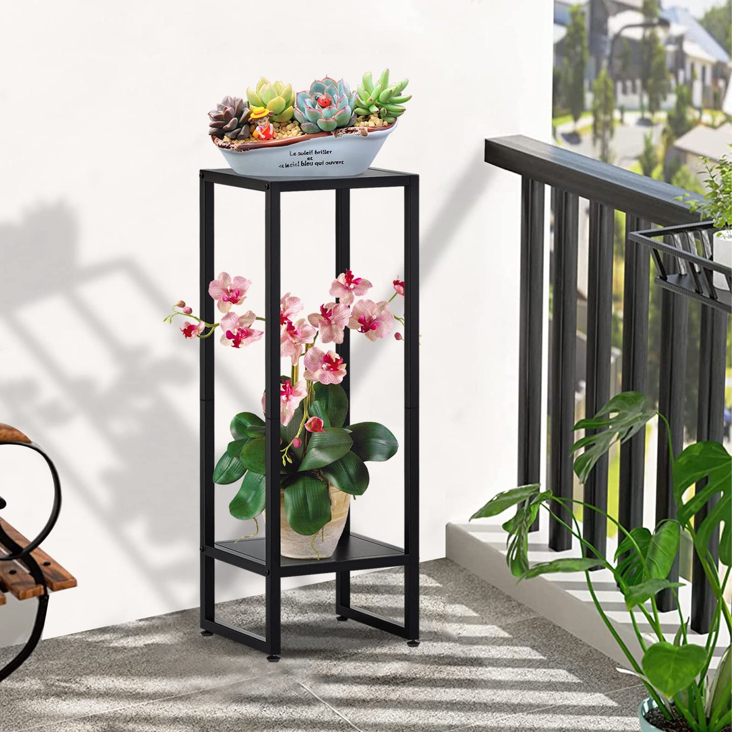37.4" Tall Plant Stands Indoor, Plant Stand indoor Tall ,Plant Pedestal stand,Black Metal Plant Stands Indoor, 2- Tier Modern Corner Plant Stand Rack Shelves , Square Plant Tables for Corner Living