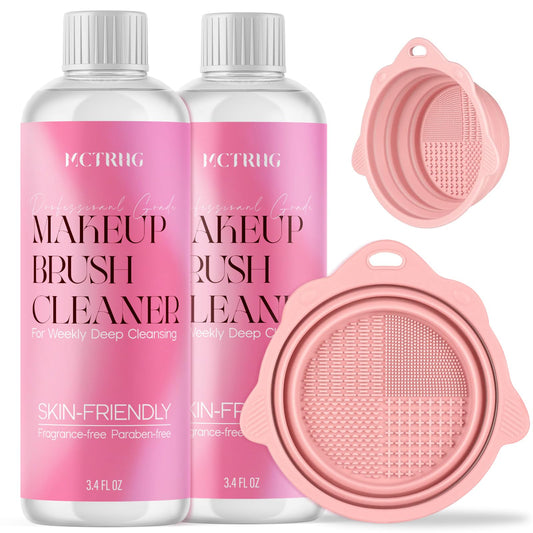 MCTRHG Makeup Brush Cleaner Solution, 6.8 Fl Oz Deep Cleansing Make Up Brush Cleaner Cleanser for Brushes, Sponge, Puff, Professional Makeup Brush Shampoo with Foldable Silicone Cleaner Bowl