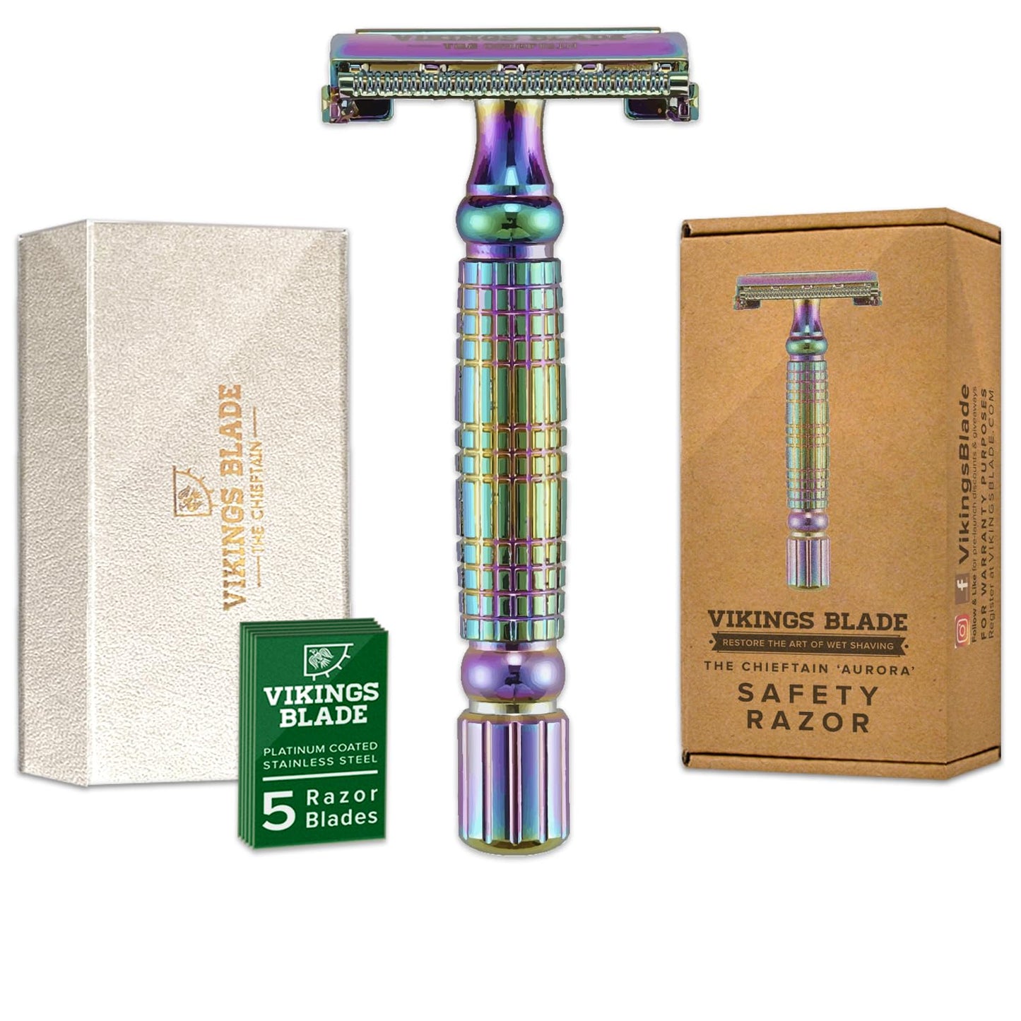 VIKINGS BLADE Double Edge Safety Razor for Men + 5 Swedish Steel Blades + Luxury Case. Smooth, Reusable, Eco-Friendly (The Chieftain)