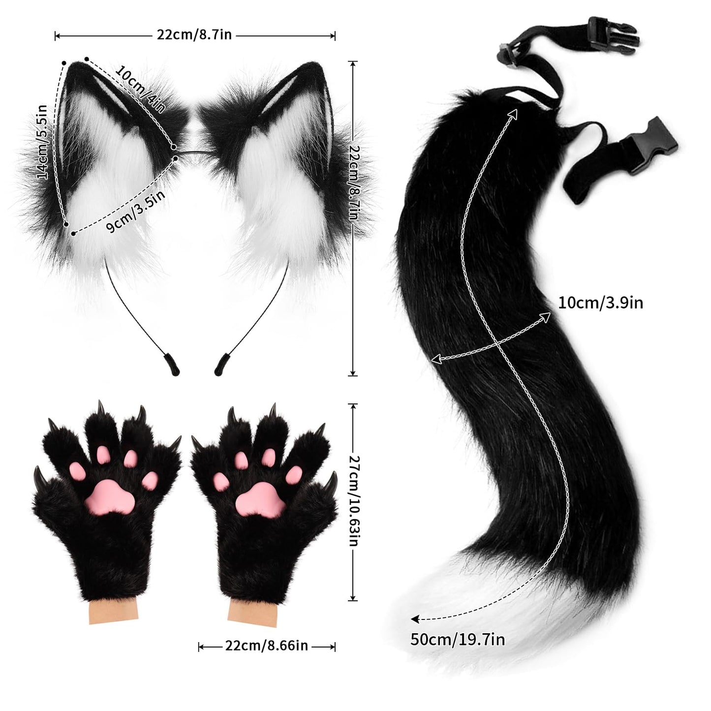 COSYEARS Fox Wolf Ears Headband Furry Tail Plush Cat Paw Mittens Gloves Set Halloween Party Costumes Accessories
