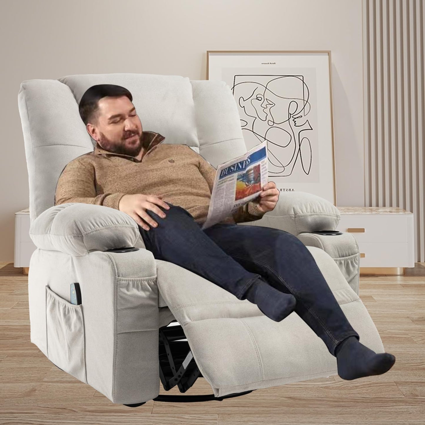 Swivel Recliner with Massage and Heat, Scratch-resistant Fabric Rocking Reclining Chairs for Adults, Overstuffed Recliners with Cup Holders, Modern Manual Rocker Recliner Chairs for Living Room, Beige