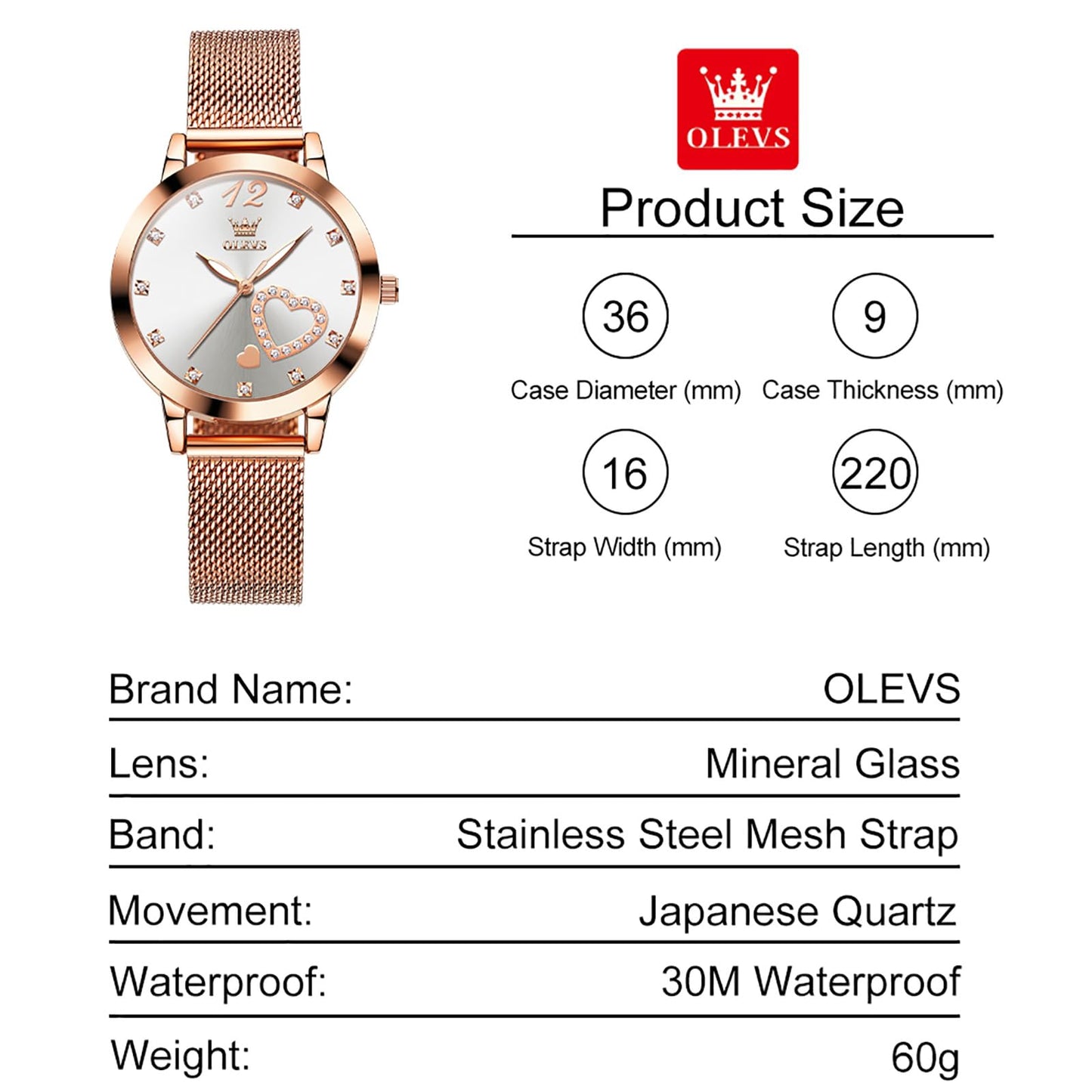 OLEVS Rose Gold Watches for Women White Face Stainless Steel Mesh Bracelet Womens Diamond Watch for Small Wrists Cute Waterproof Analog Quartz Womens Wristwatch Luminous Reloj para Mujer