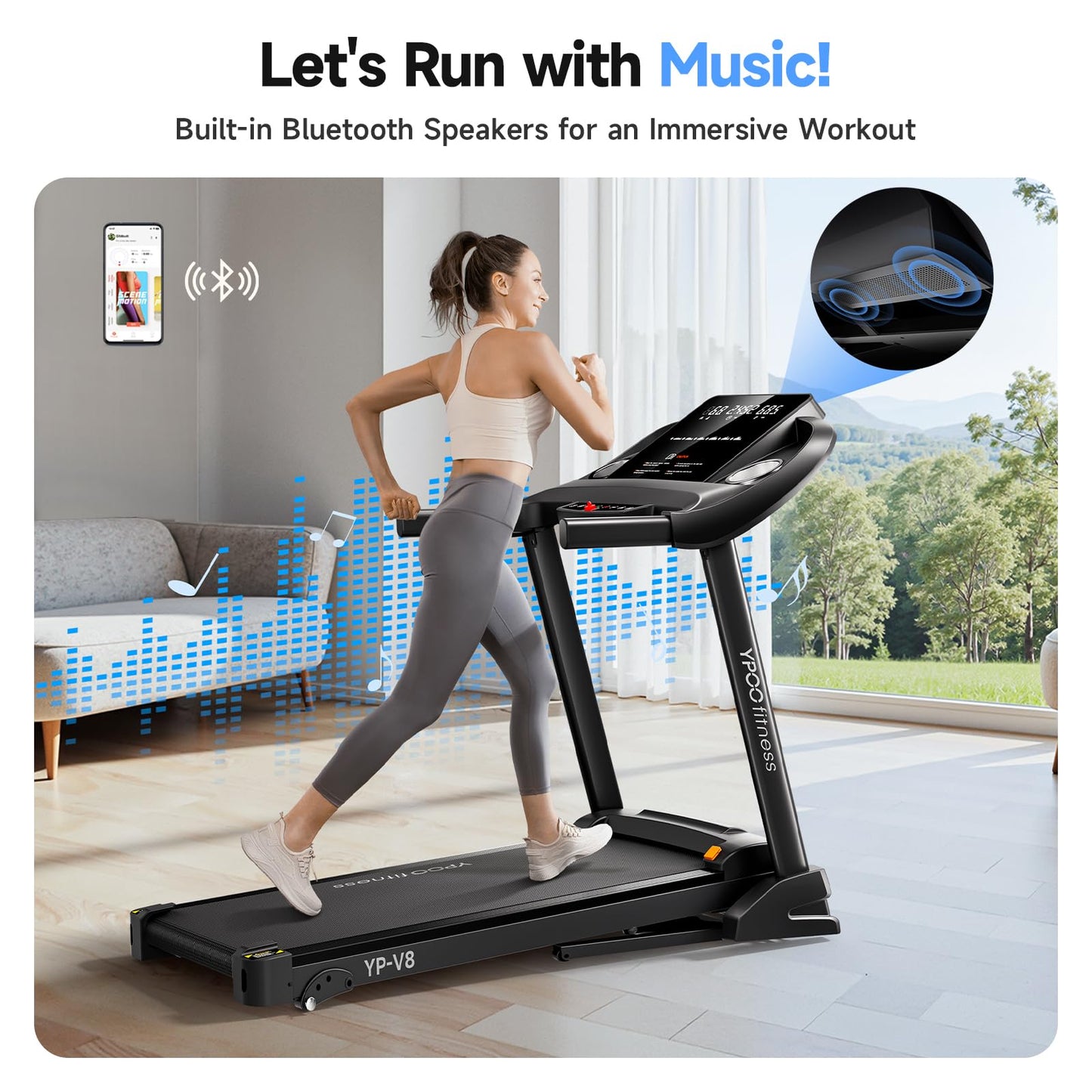 Treadmills for Home with Incline, Auto Foldable Running Treadmills, 8.0 MPH Walking Pad Treadmill with Bluetooth, 300 lbs Weight Capacity Quiet