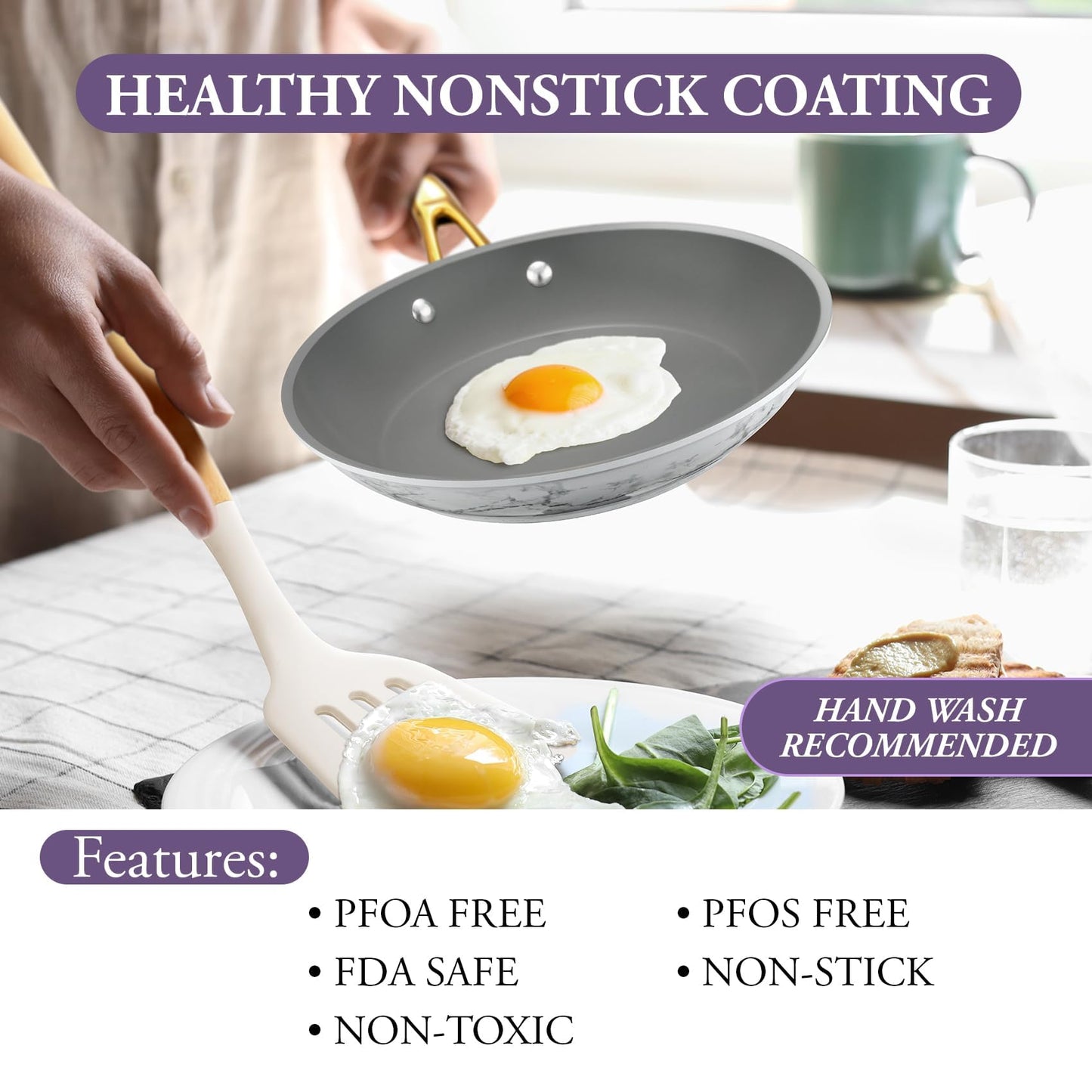 ONGIFT 16Pcs Nonstick Cookware Sets, Kitchen Pots and Pans Set Non Stick for Cooking, Non Toxic Induction Cookware, Oven & Dishwasher Safe, Mable White