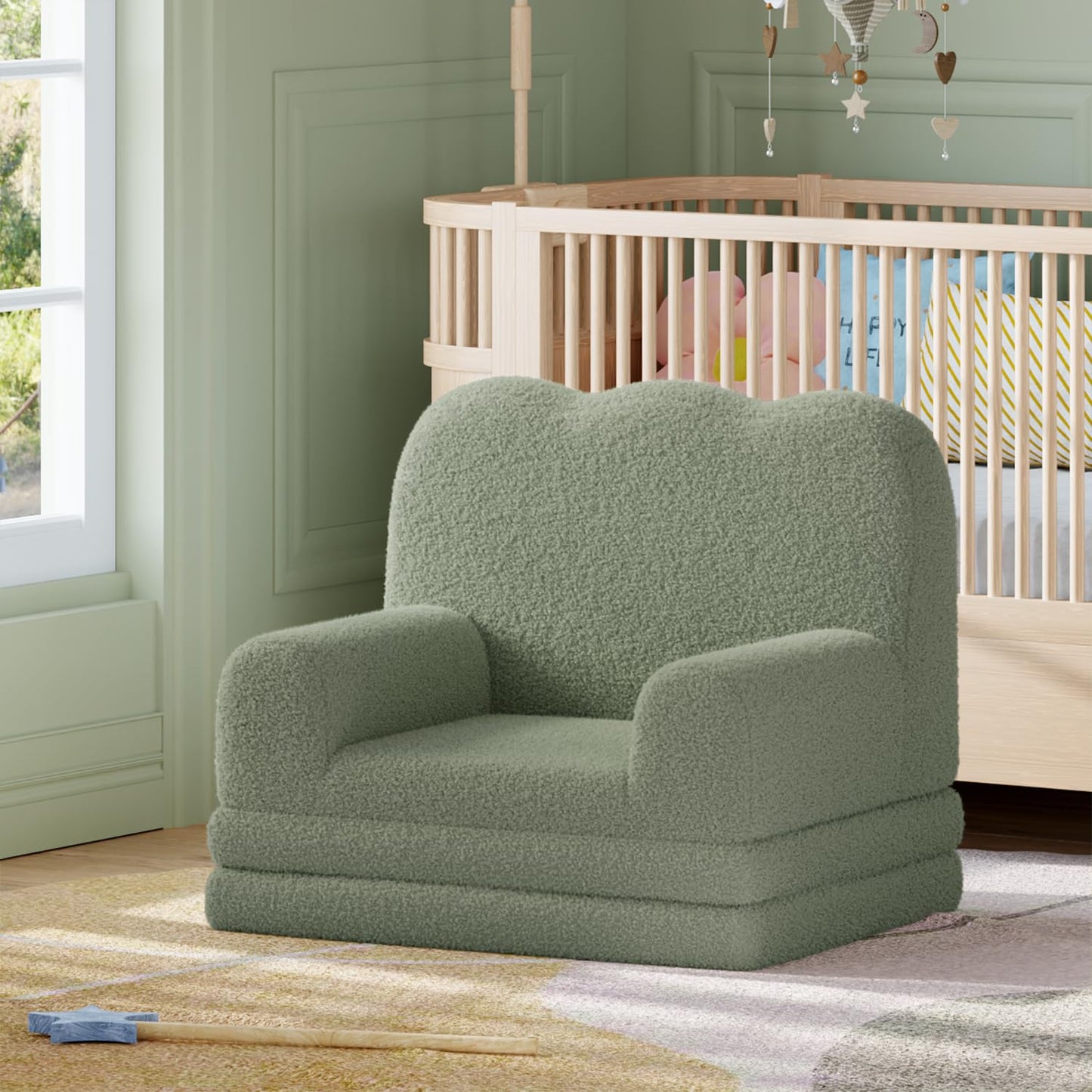 GarveeHome Kids Couch, 2-in-1 Comfy Toddler Couch Fold Out, Convertible Sofa to Lounger with Cute Wave Design, Foam Kids Chair with Soft Sherpa, Gift for Girls and Boys (Green Wavy)