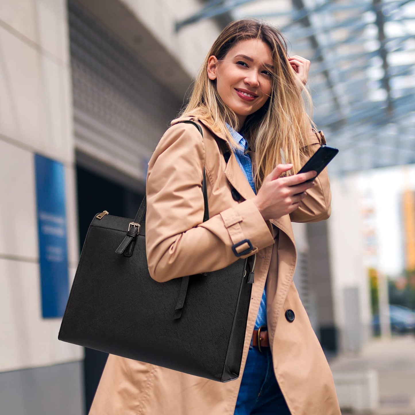 Keyli Laptop Tote Bag for Women Waterproof Leather Work Laptop Briefcase with Built-in USB Charging Port Computer Shoulder Bags Fits 15.6 Inch, Business Handbag Purse 4pcs Set Black