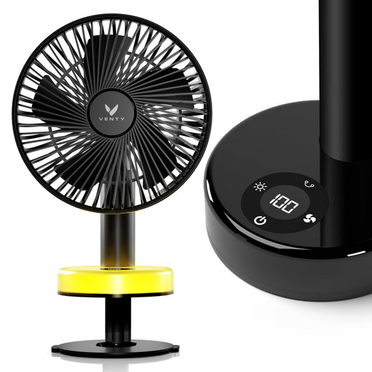 VENTY Portable Clip Fan - Rechargeable 10-Hour Battery Portable Fan - 360° Rotation & 90° Tilt - Stroller, Desk or Bedside - Aromatherapy & LED Light - USB-C Rechargeable Clip On