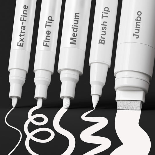 ARTISTRO 5 White Acrylic Paint Pens, Acrylic Paint Markers Different Tip, Fabric Markers for Textile, Canvas, Rock, Glass, Wood, Paper, DYI, Pens for Kids and Adults
