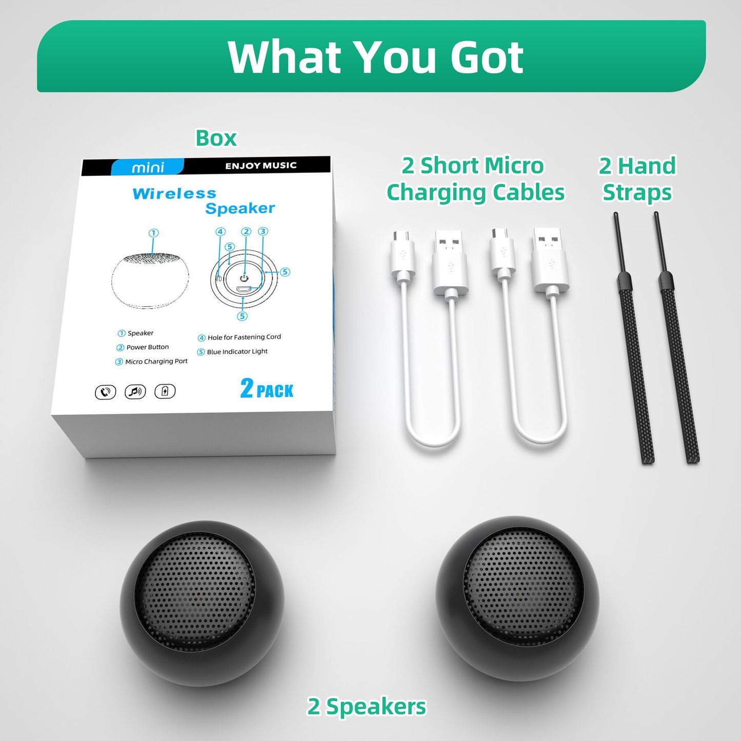 SEVENKA 2 Mini Speakers, 3W Small Portable Bluetooth Speaker with Lanyard, Water Resistant, Wireless Stereo Pairing, Rechargeable Mini Wireless Speakers for Phone, Tablet, Built-in Microphone