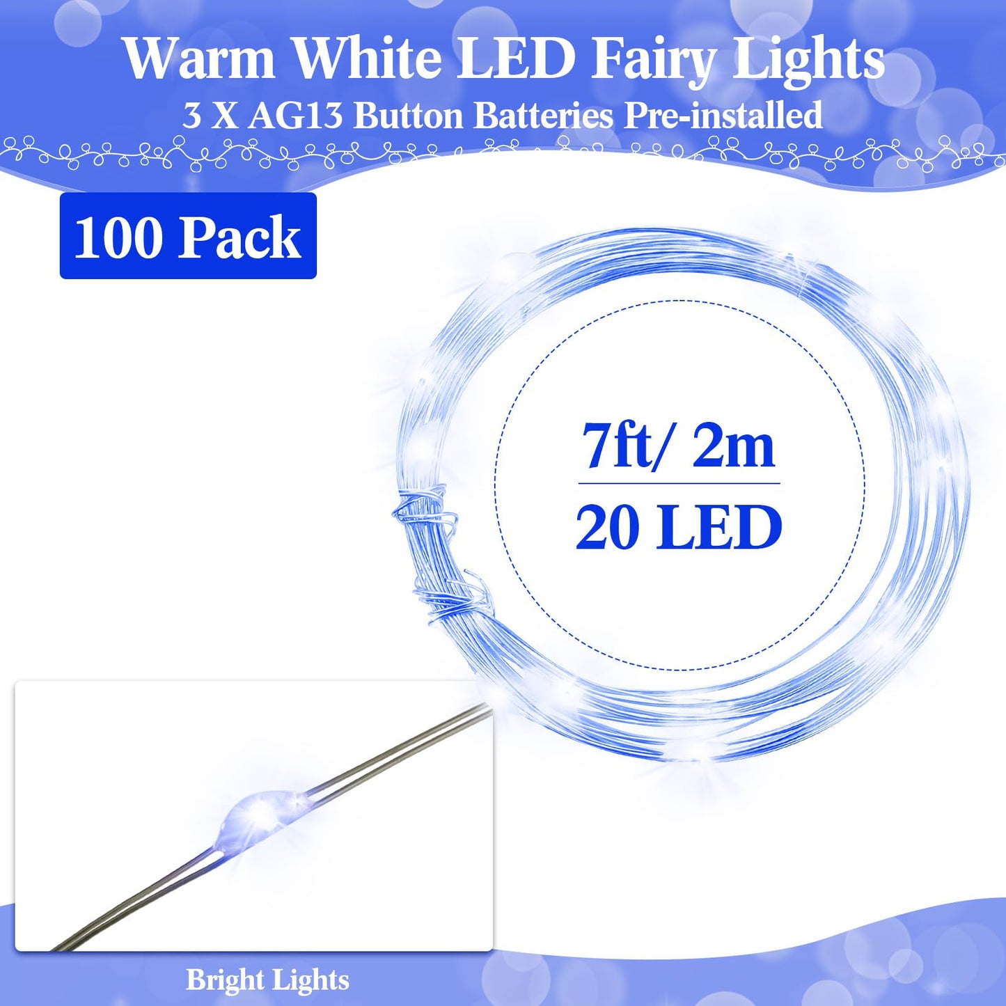 Hortsun 100 Pack Fairy Lights Battery Operated 3 Speed Modes, 7 Ft/ 2 M 20 LED Battery String Mini Waterproof Wire Twinkle Lights Party Favors for Wedding Birthday Vases Flower Decor(Blue Light)