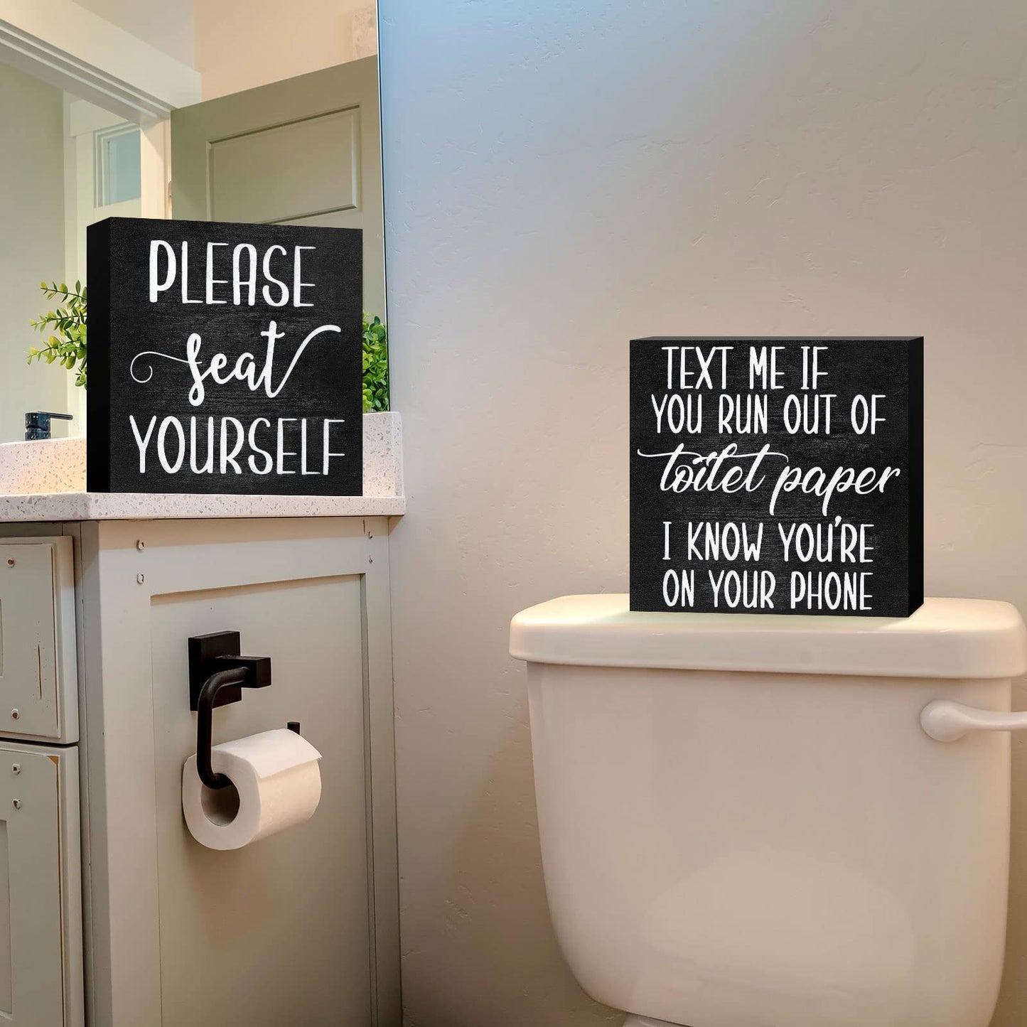 Jetec 2 Pieces Farmhouse Bathroom Signs Decor Wooden Box Sign Funny Bathroom Wall Art Rustic Wood Plaque Please Seat Yourself Decor for Home Restroom(Black)