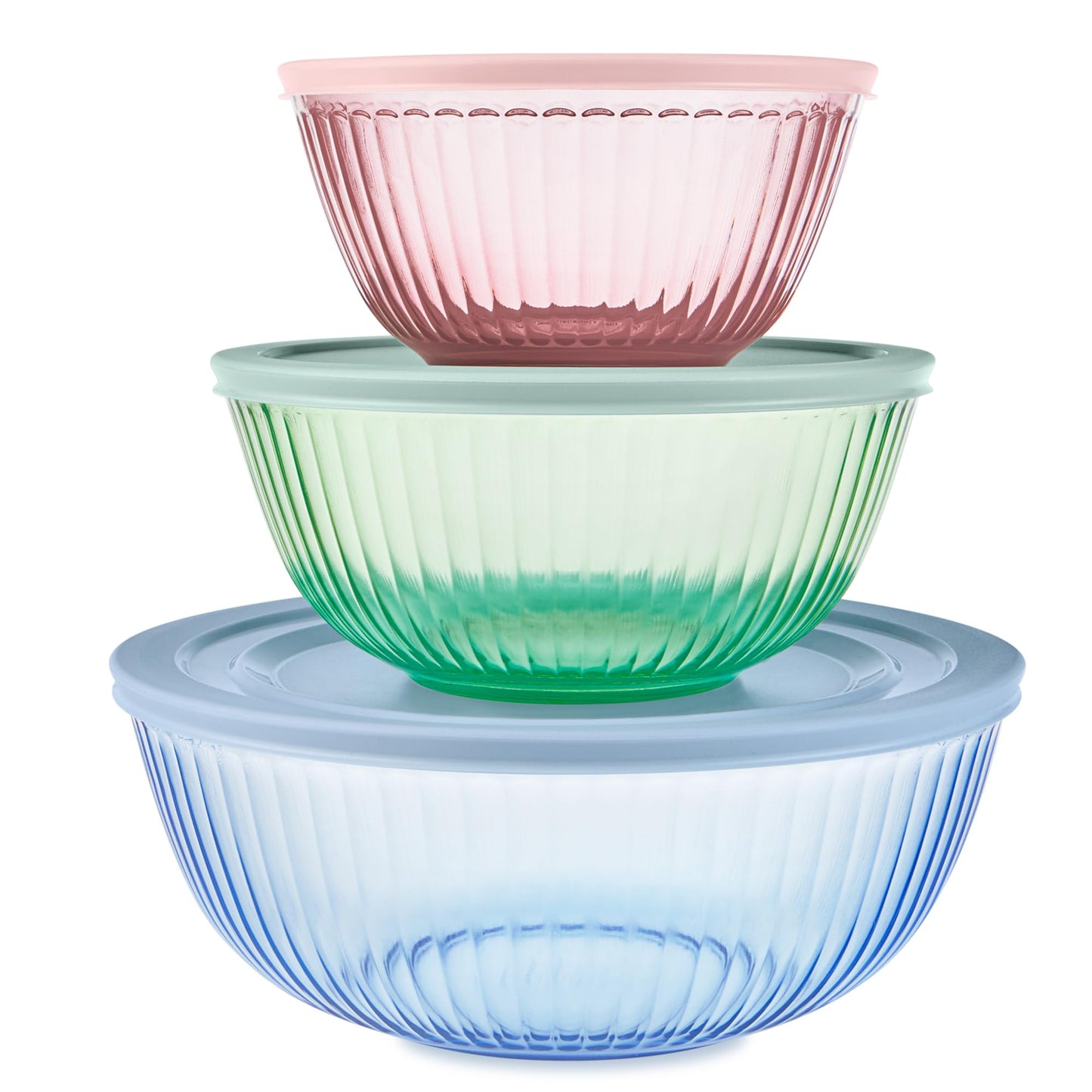 Pyrex Colors Tinted (3-Pack, Full Set) Sculpted Tinted Glass Mixing Bowls With Lids, Nesting Space Saving Set of Bowls For Prepping and Baking, 1.3QT, 2.3QT & 4.5Q, Blue