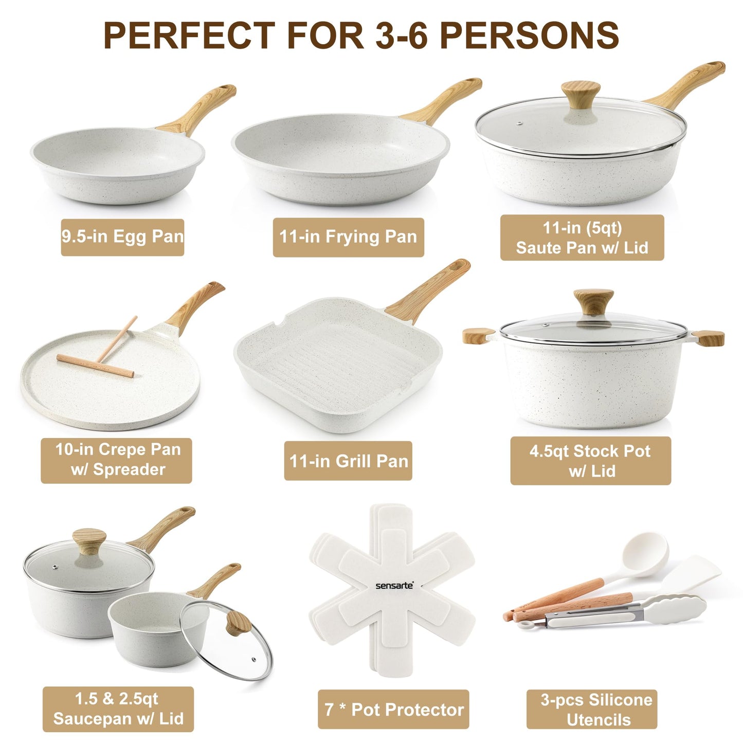 SENSARTE Nonstick Ceramic Cookware Set 23-Piece, Healthy Pots and Pans Set, Non-toxic Kitchen Cooking Set with Stay-Cool Handles, Silicone Utensils and Pot Protectors, PFAS & PFOA Free