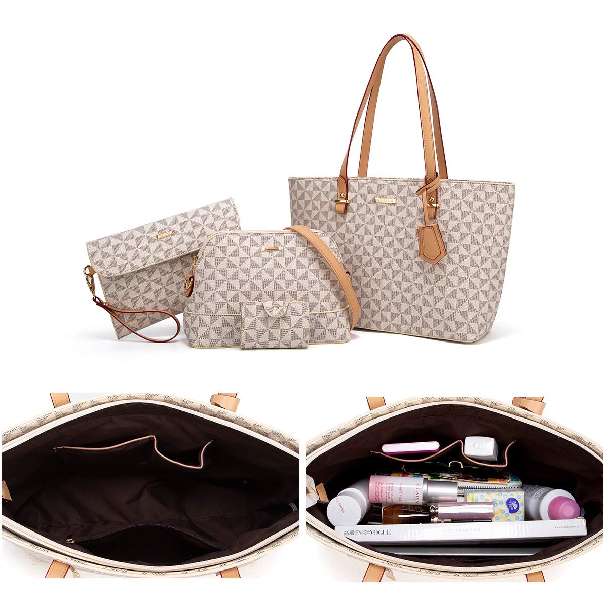 Women Fashion Synthetic Leather Handbags Tote Bag Shoulder Bag Top Handle Satchel Purse Set 4pcs