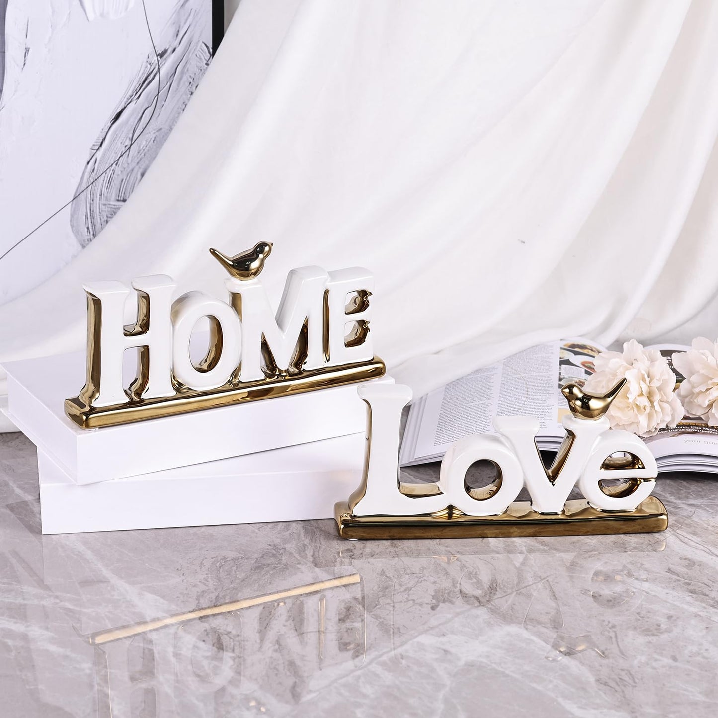 Love Sign Decor,White and Gold Room Decor Aesthetic, Knick Knack Shelf,Gold Bird Decor, Boho Bookshelf ,Abstract Gold Statue ,For Living Room,Bedroom, Contemporary Tv Stand Decor set of 2 (2, White)