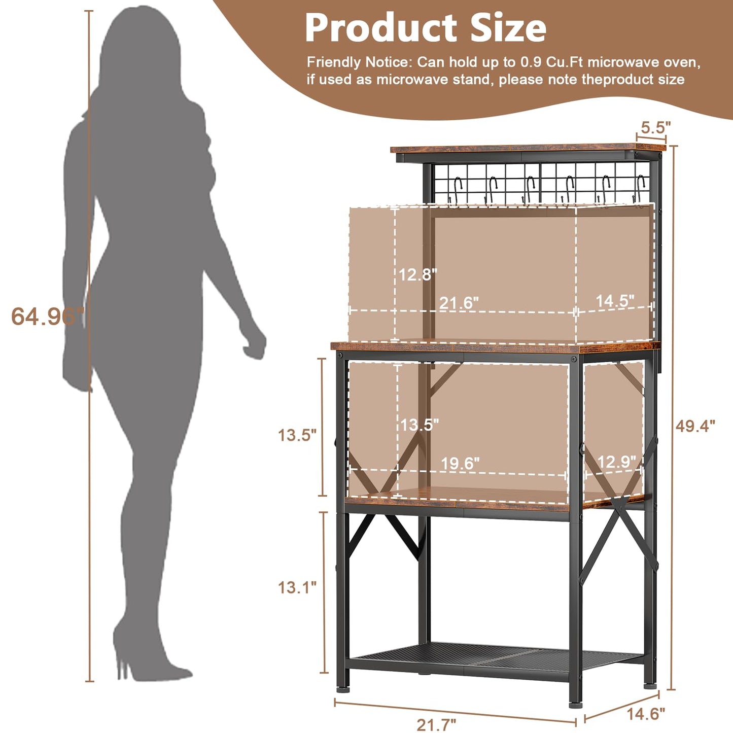 Furologee Kitchen Bakers Rack with Hutch, Coffee Bar Station 4 Tiers, Microwave Oven Stand with 6 S Hooks and Pegboard, Kitchen Microwave Rack for Spice Organizer Workstation, Rustic Brown