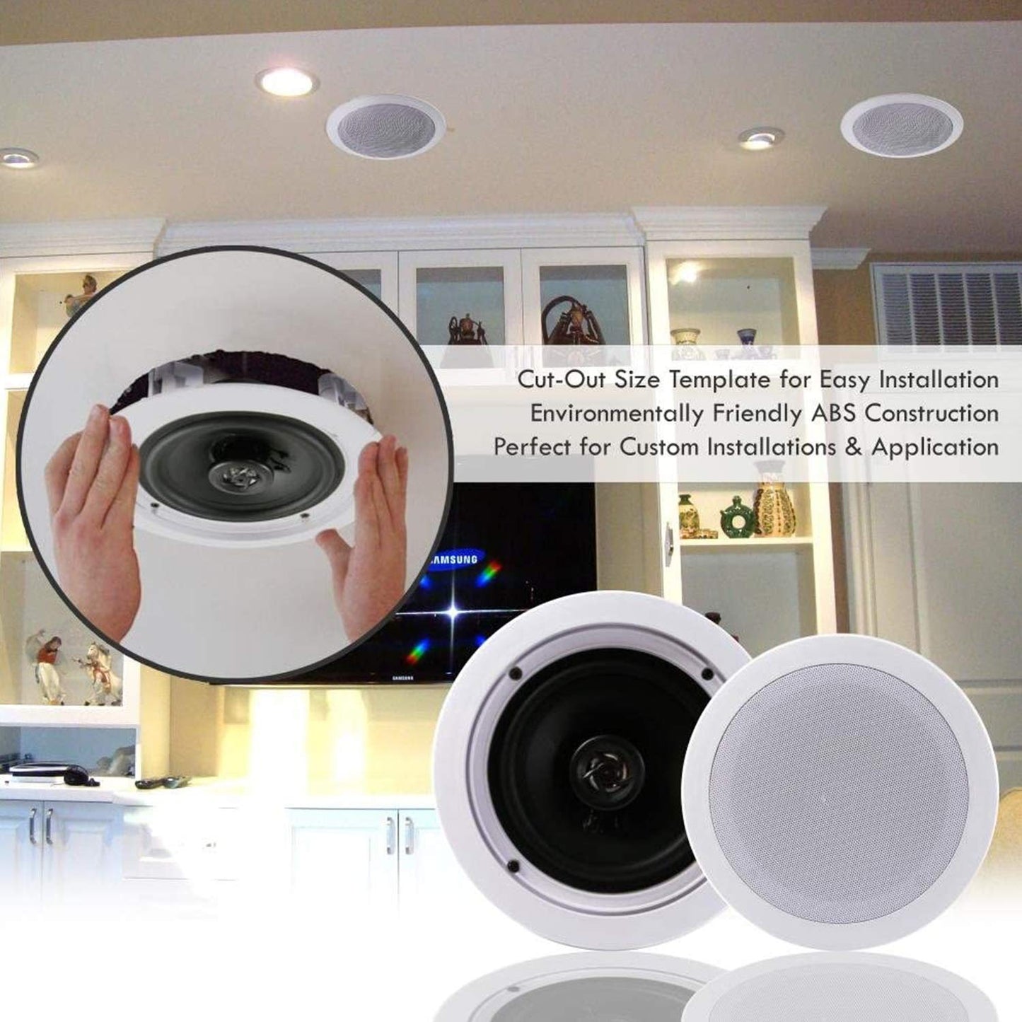 Pyle Pair 6.5” Flush Mount In-wall In-ceiling 2-Way Home Speaker System Spring Loaded Quick Connections Dual Polypropylene Cone Polymer Tweeter Stereo Sound 200 Watts (PDIC1661RD) White