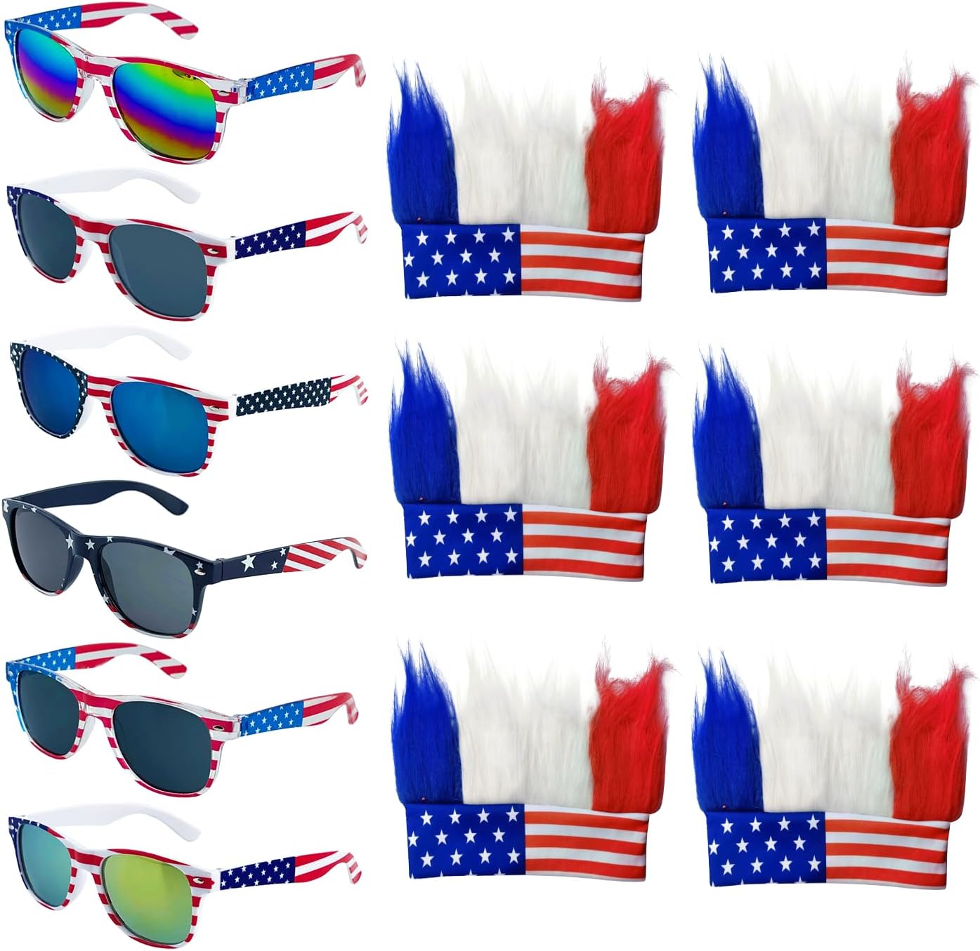 Bulk Memorial Day 4th of July Accessories, Patriotic Red/White/Blue Hat Glasses, 6 American Patriot Flag Hats Patriotic Hairy Headband and 6 American Flags Sunglasses for Costume Party Props
