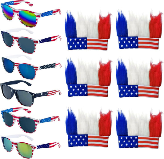 Bulk Memorial Day 4th of July Accessories, Patriotic Red/White/Blue Hat Glasses, 6 American Patriot Flag Hats Patriotic Hairy Headband and 6 American Flags Sunglasses for Costume Party Props