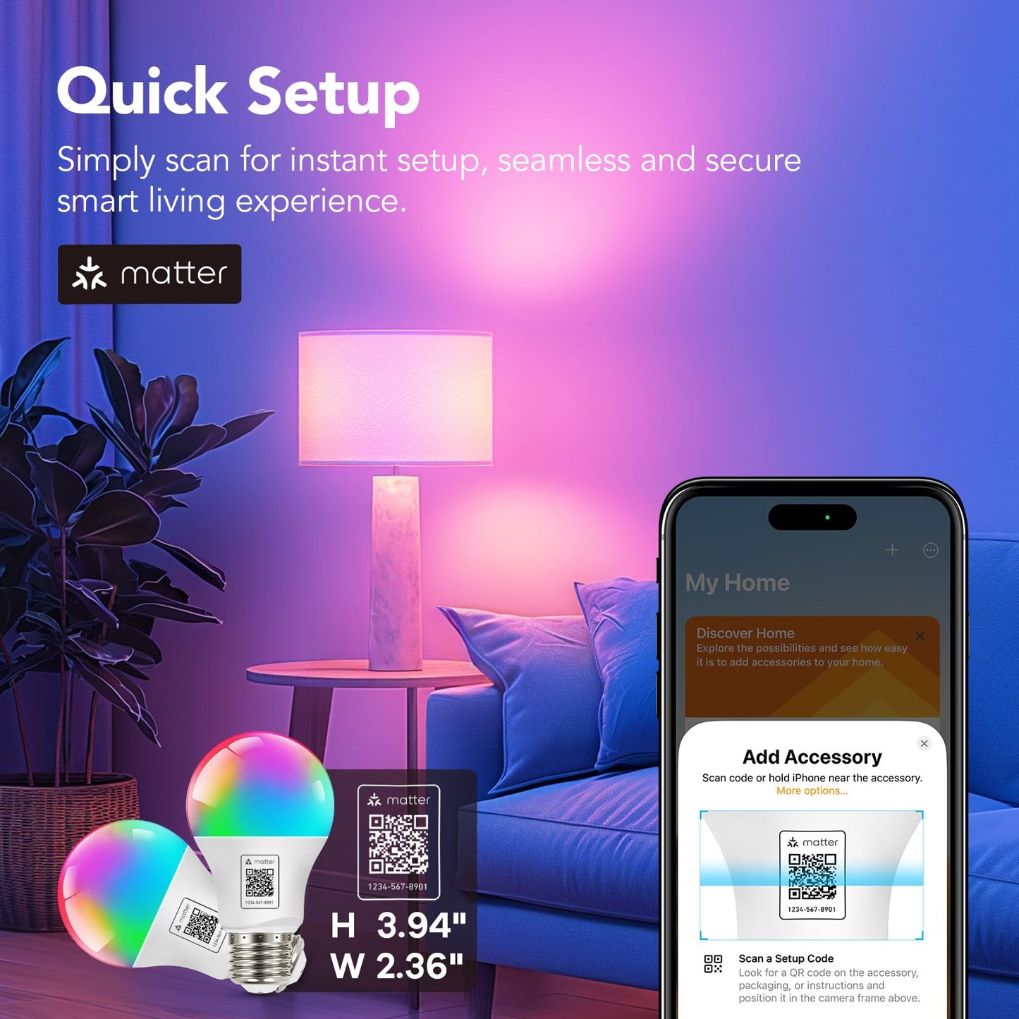 OREiN Matter Smart Light Bulb, Smart Light Bulbs Work with Apple Home, Alexa, Google Home, SmartThings, A19 Color Changing Light Bulbs 2.4Ghz WiFi, 800 Lumens Equivalent 60W 4Pack