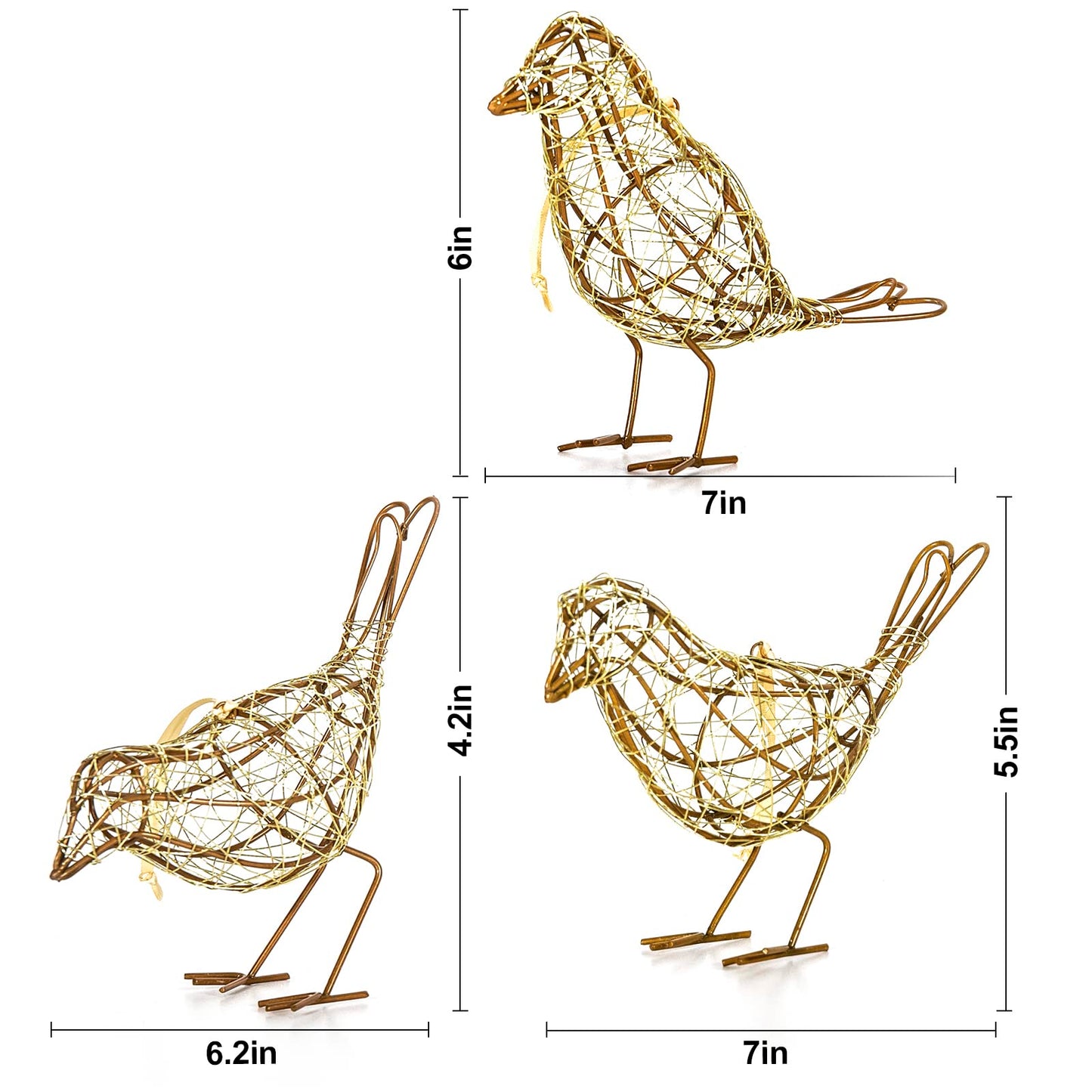 ZZZ TYLOO Artisan Handmade Gold-Wire Woven Bird Statues Trio Table Decor- Modern Farmhouse Shelf Decor with Hanging Chain, Multi-Pose Metal Bird Figurines for Home Office & Holiday Display