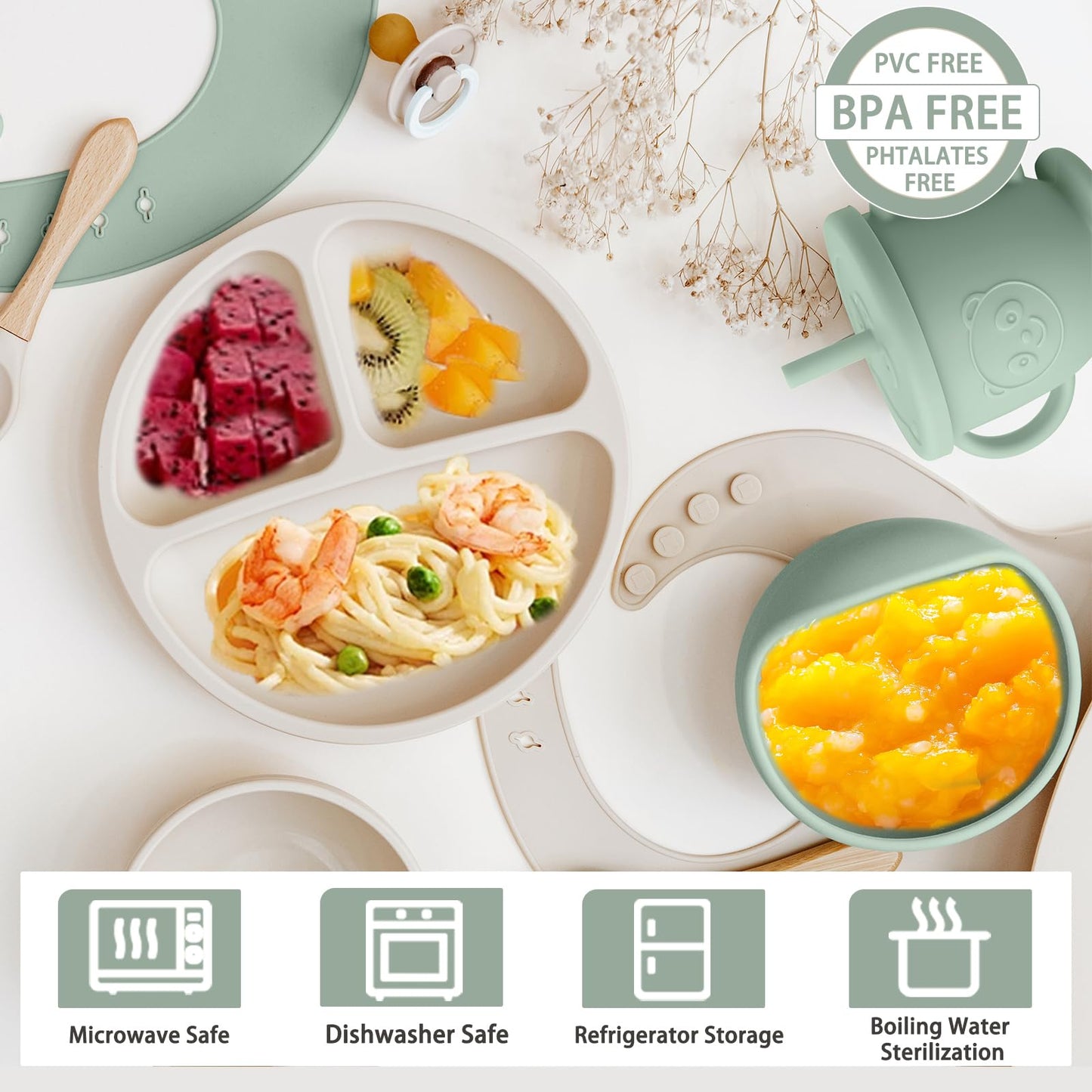 Munlinder Silicone Baby Feeding Set | Baby Led Weaning Supplies Includes Suction Bowls and Divided Plates, Adjustable Bib, Baby Utensils Spoons and Forks,Cup | Baby Feeding Essentials (Light Green)