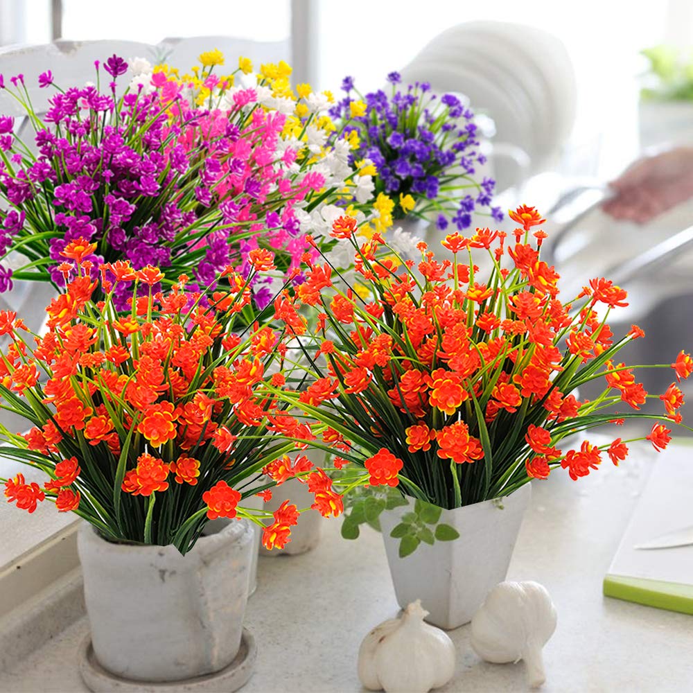 Grunyia Artificial Flowers, 20 Bundles Outdoor Fake Flowers for Decoration UV Resistant Faux Plastic Plants Garden Porch Window Box Décor (Orange)