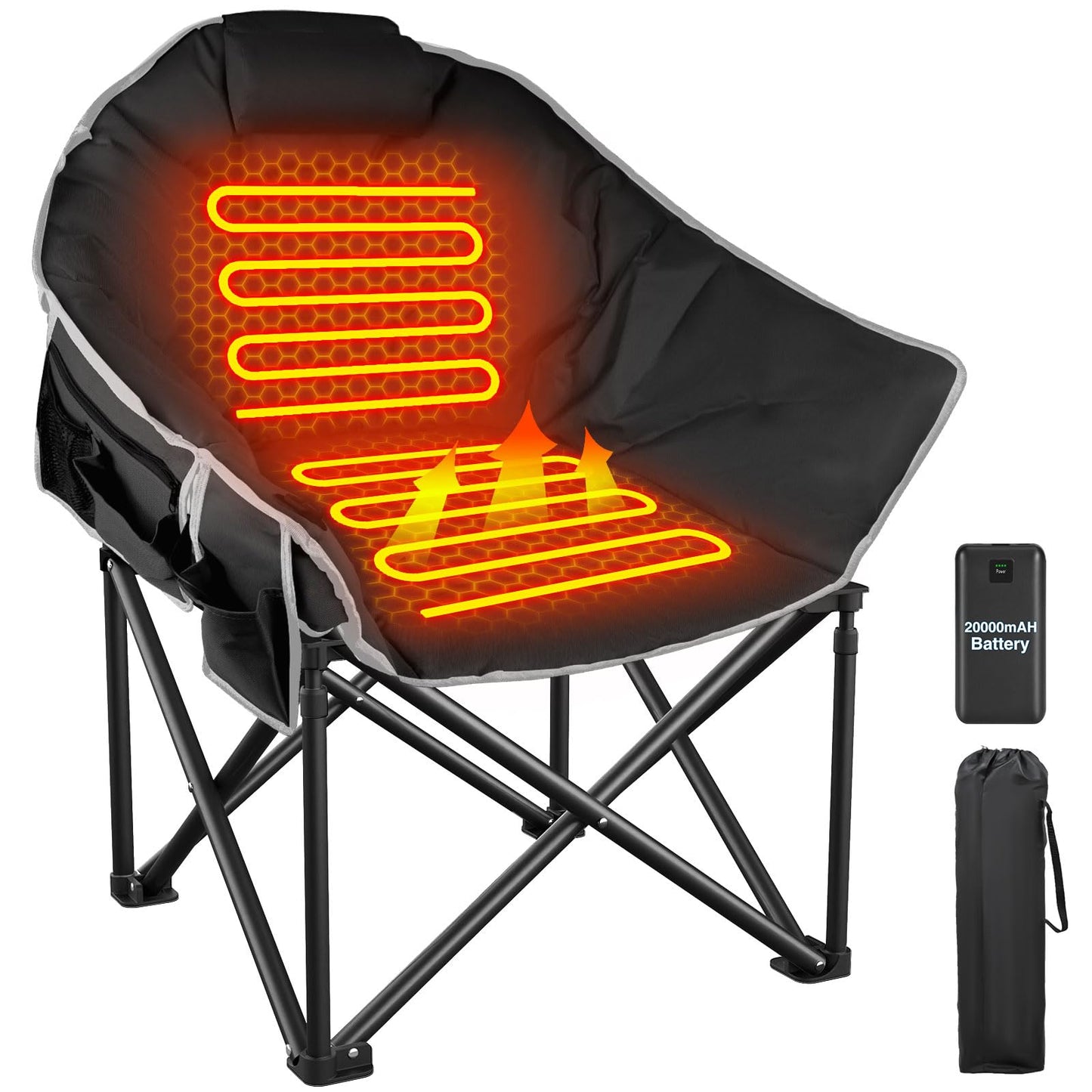 ZENPETIO Heated Camping Chair, Oversized Heated Chair for Adults Outdoor Sports, Dual Heating Zones with 3 Levels, Portable Folding Heated Chairs for Camp, Sports, Lawn with 20000mAh Battery