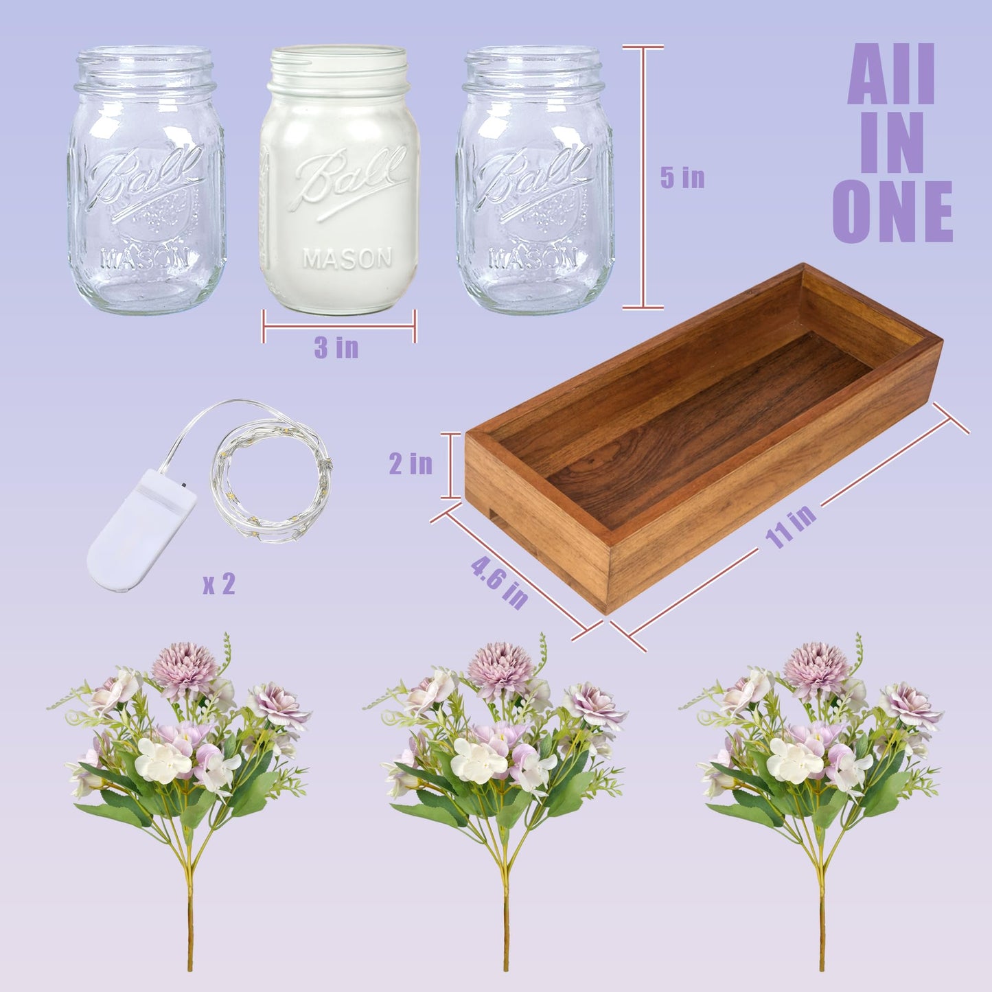 LIOZLIOLY Dining Mason Jar Lights Centerpiece Table Decorations for Dining Room Farmhouse Coffee Table Decor with Wood Tray, 3 Jars Artificial Flowers and Led Light for Kitchen Living Room (Purple)