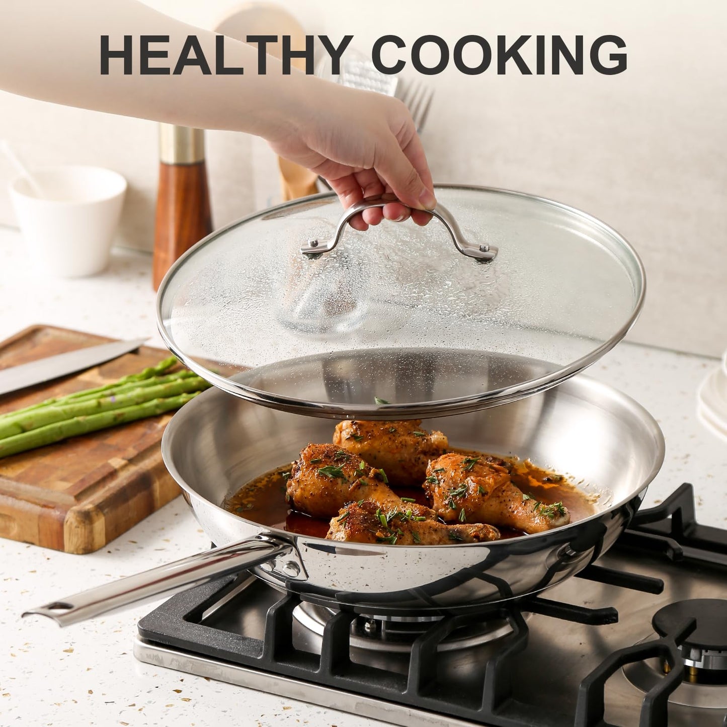 DELUXE Stainless Steel Frying Pan Set 4-Pieces, 10" and12 Skillet with Lid and Stay-Cool Handle, PFOA Free Stainless Steel Pan Suitable with Induction Gas Stoves, Dishwasher&Oven Safe