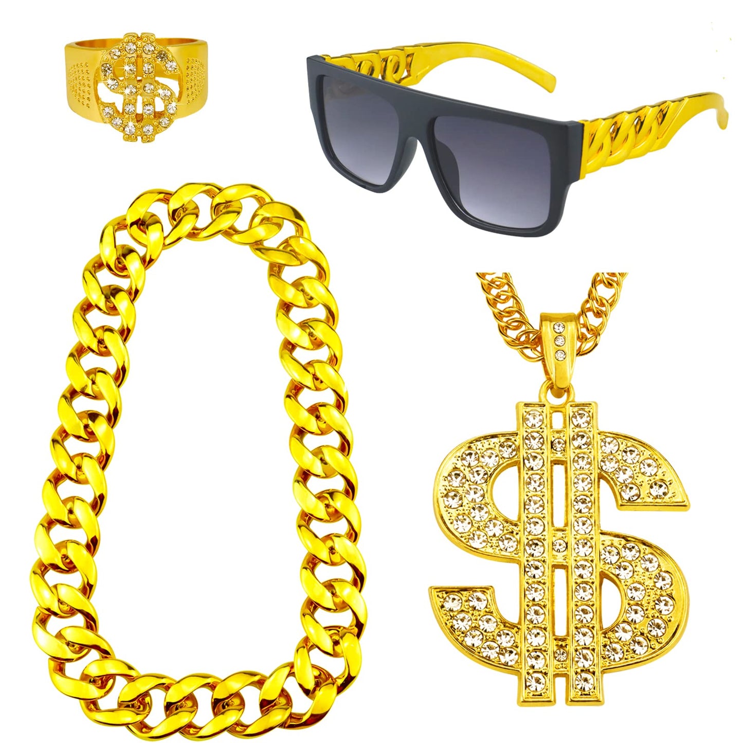4 Pack 80s 90s Hip Hop Costumes Outfit, Fake Gold Chain Money Chain, Twist Leg Punk Sunglasses, Dollar Sign Finger Ring for Men Women Rapper Accessories