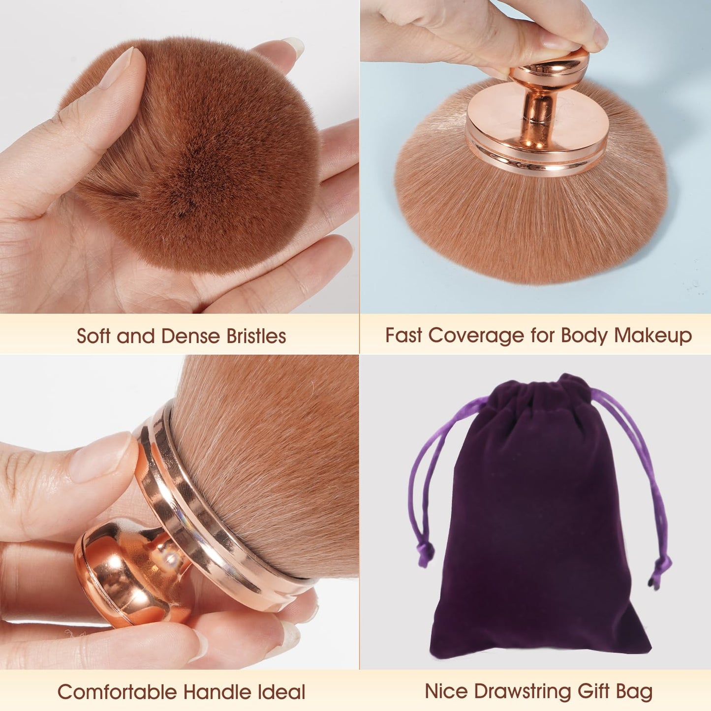 Extra Large Tanning Brush Self Tanner Brush 3.2inch Kabuki Tanning for Self Tan Back Applicator Wide-headed Blend Blur Body Makeup Kabuki Foundation Body Tanner With Drawstring Bag (Rose gold)