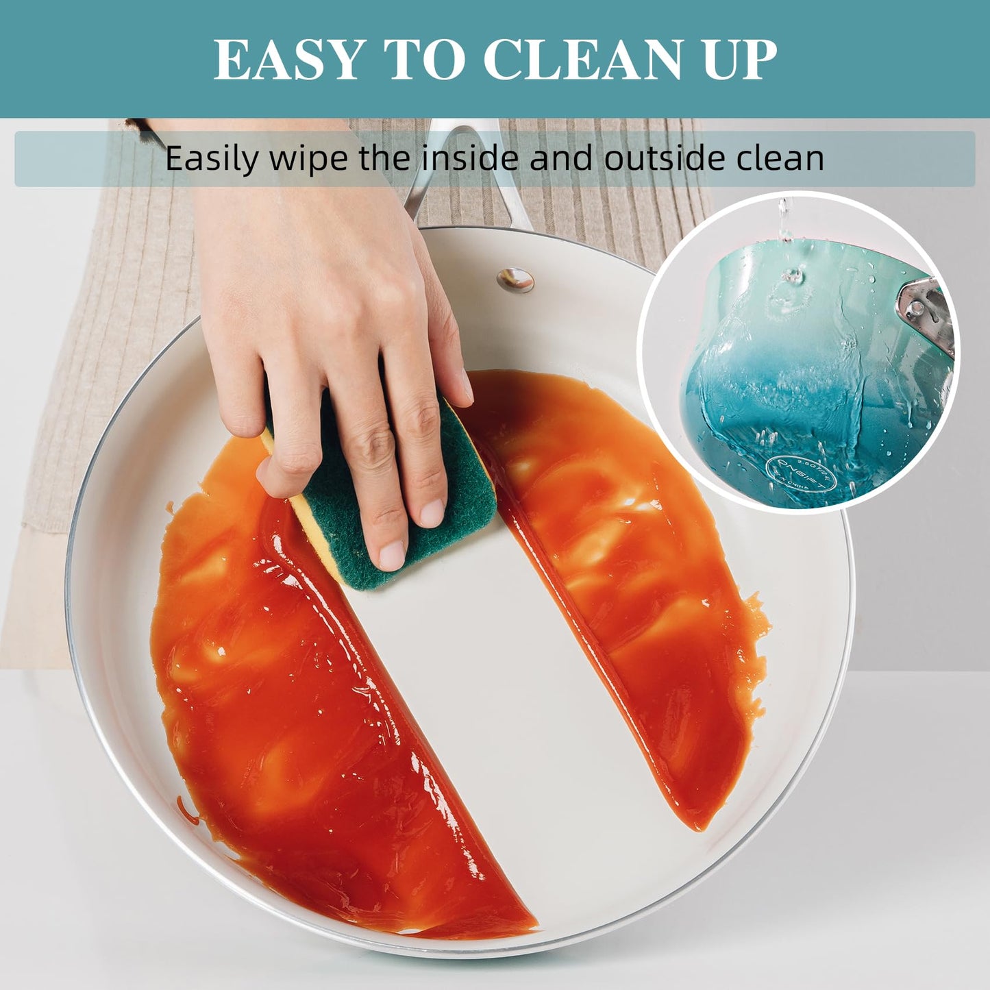 ONGIFT Kitchen Pots and Pans Set Non Stick, 11 Pieces Cookware Set Ceramic Nonstick Coated, Scratch-Resistant, PFAS, PFOA Free, Oven Safe, Rapidly & Evenly Heats, Enamel Exterior Cooking Set - Teal