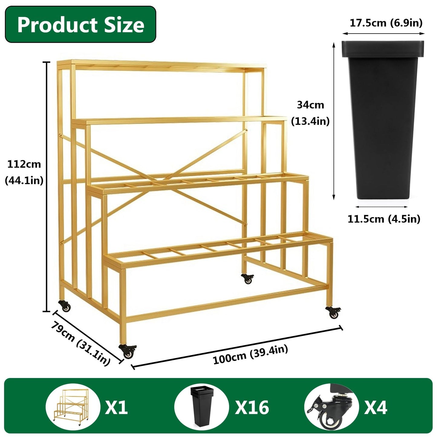 OMKUOSYA 4 Tier Flower Display Stand, Indoor And Outdoor Metal Flower Stand With Wheels, Plant Stand With 16pcs Buckets For Florist Garden Patio(Gold rack and black barrel)