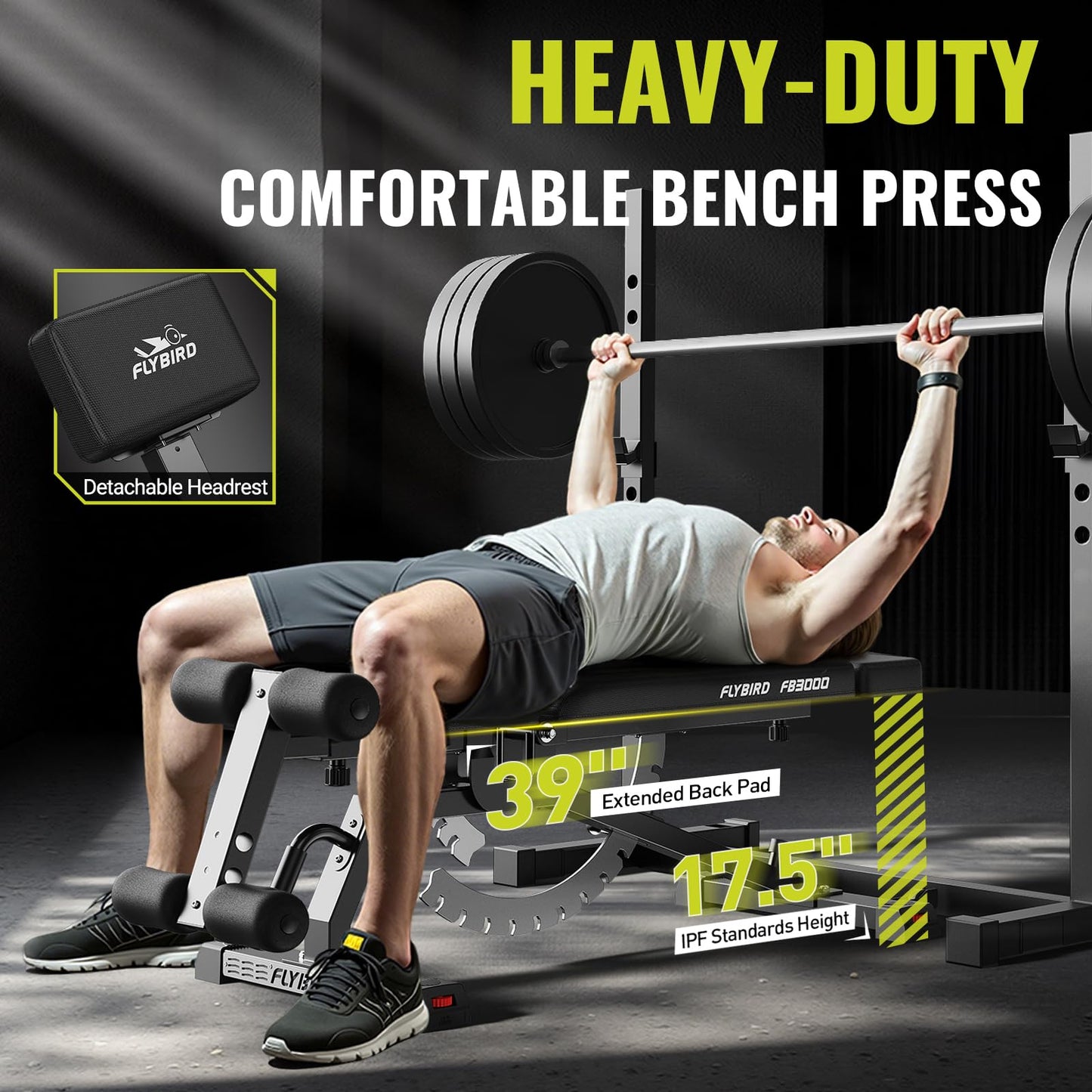 FLYBIRD Strength Training Bench for Home Gym, Vertical Storage Space-Saving Workout Bench, 1200lbs Capacity Adjustable Weight Bench with Detachable Headrest and Leg Support