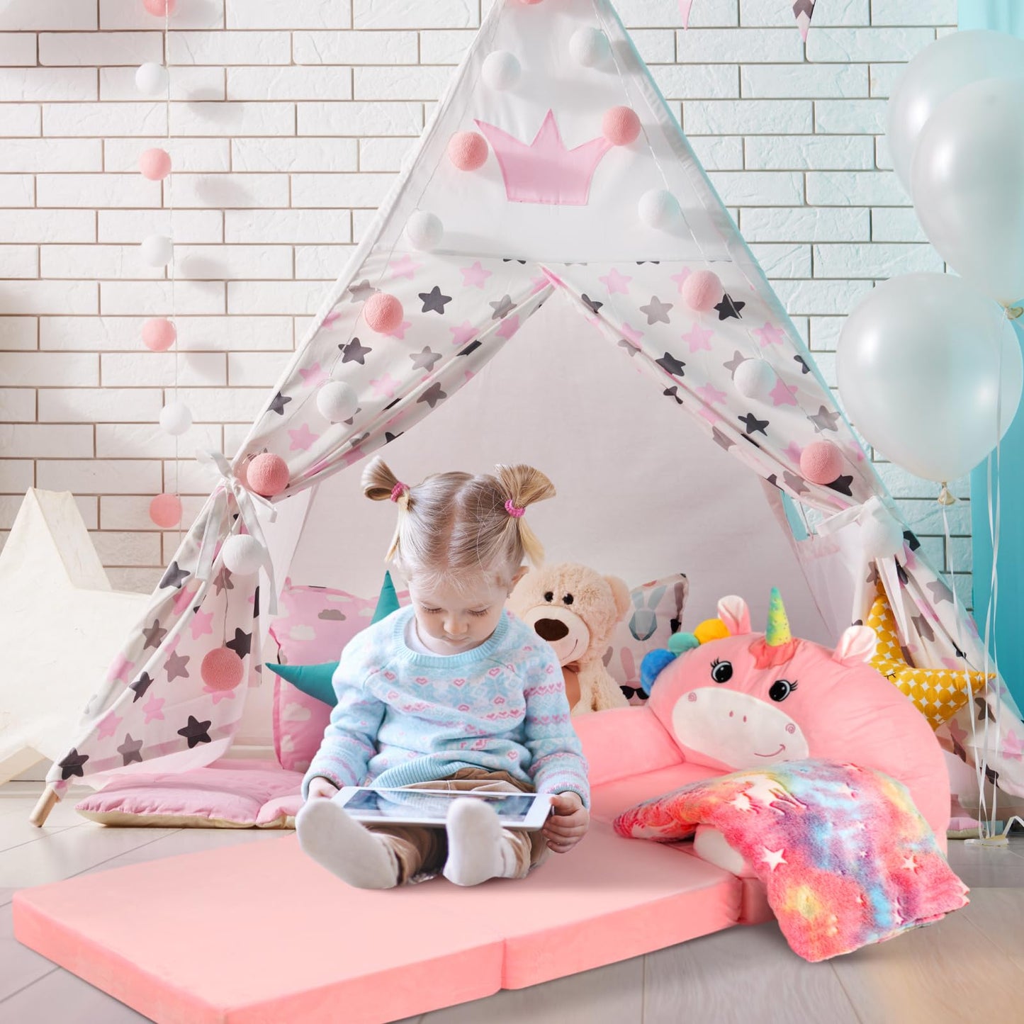 Burbell Toddler Chairs Comfy Unicorn Toddler Couches That Fold Out with Blanket 2-in-1 Kids Fold Out Couch Velvet Child Foldable Convertible Sofa to Lounger for 1-7 Years Old (Pink)