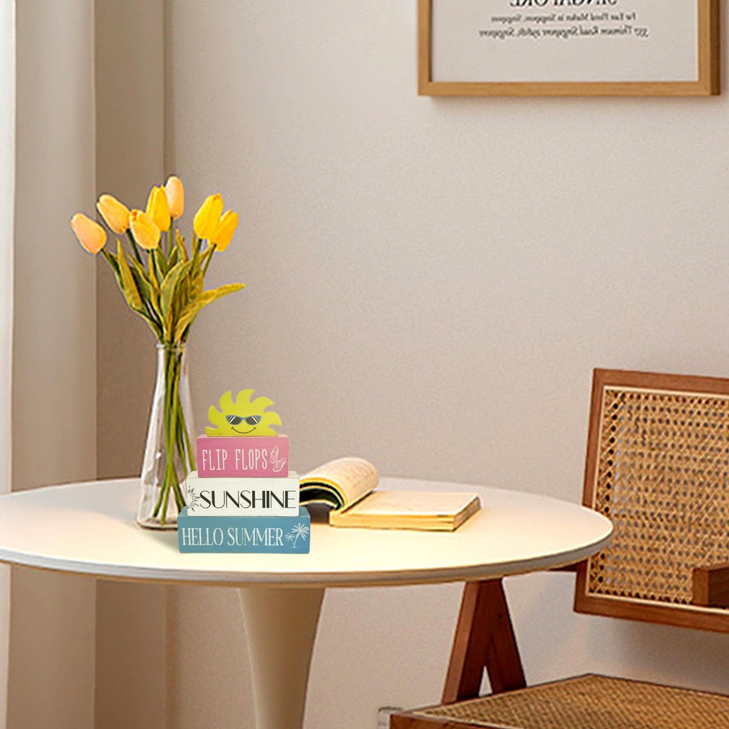 Lebsitey 4 Pcs Summer Wooden Sign Decor, Summer Home Table Decor, Human Sunshine Tiered Tray Decorations for Table & Home Office Decorations