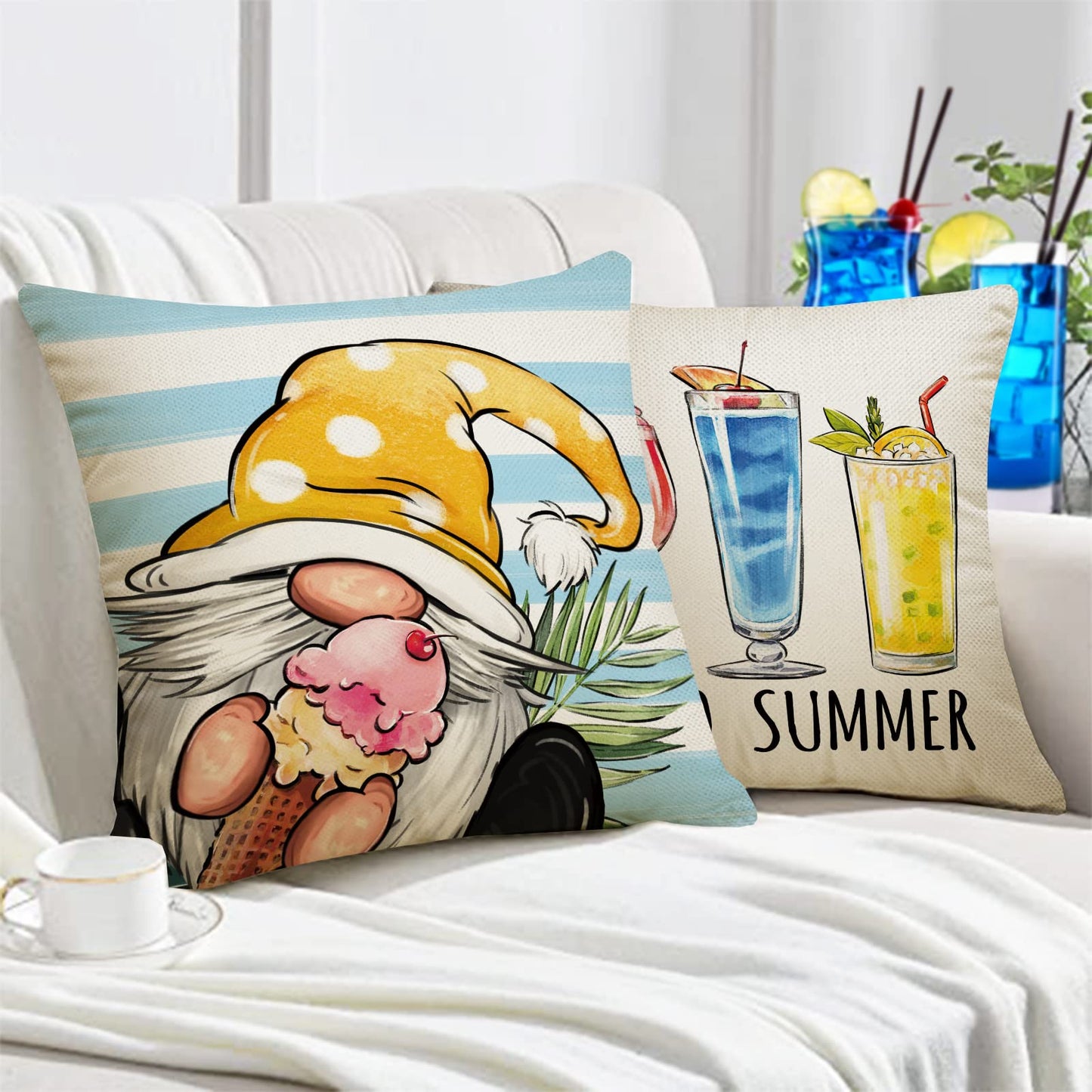 Fahrendom Hello Summer Vibes Gnome Decorative Throw Pillow Cover 18 x 18 Set of 4, Ice Cream Popsicle Juice Porch Patio Outdoor Pillowcase, Stripes Seasonal Farmhouse Couch Cushion Case Home Decor
