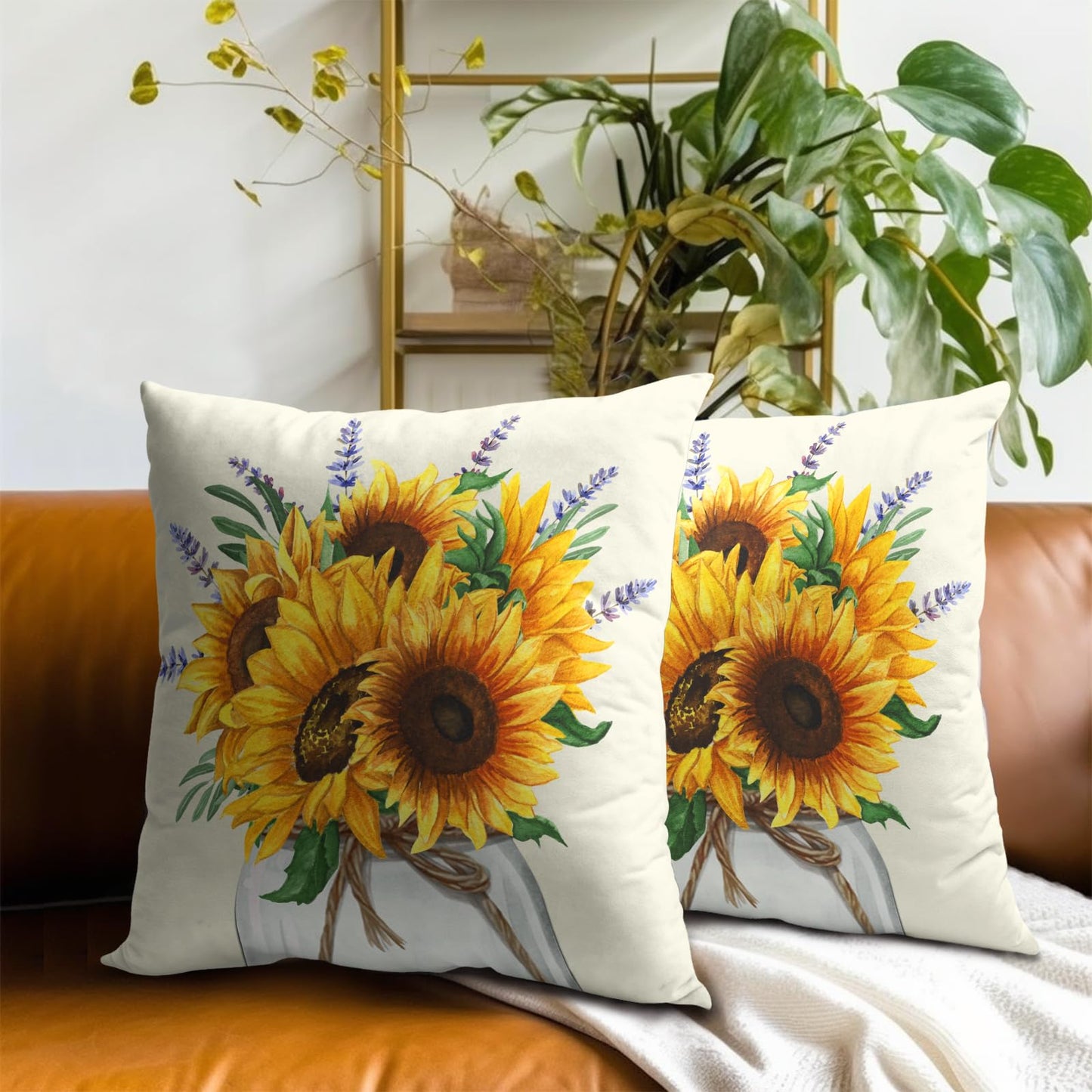 Mweet Sunflower Throw Pillows Covers 18 x 18 Inch - 2PCS Nature Summer Flower Vase Floral Decorative Square Pillowcases for Couch Sofa Bench Living Room Bedroom Decoration