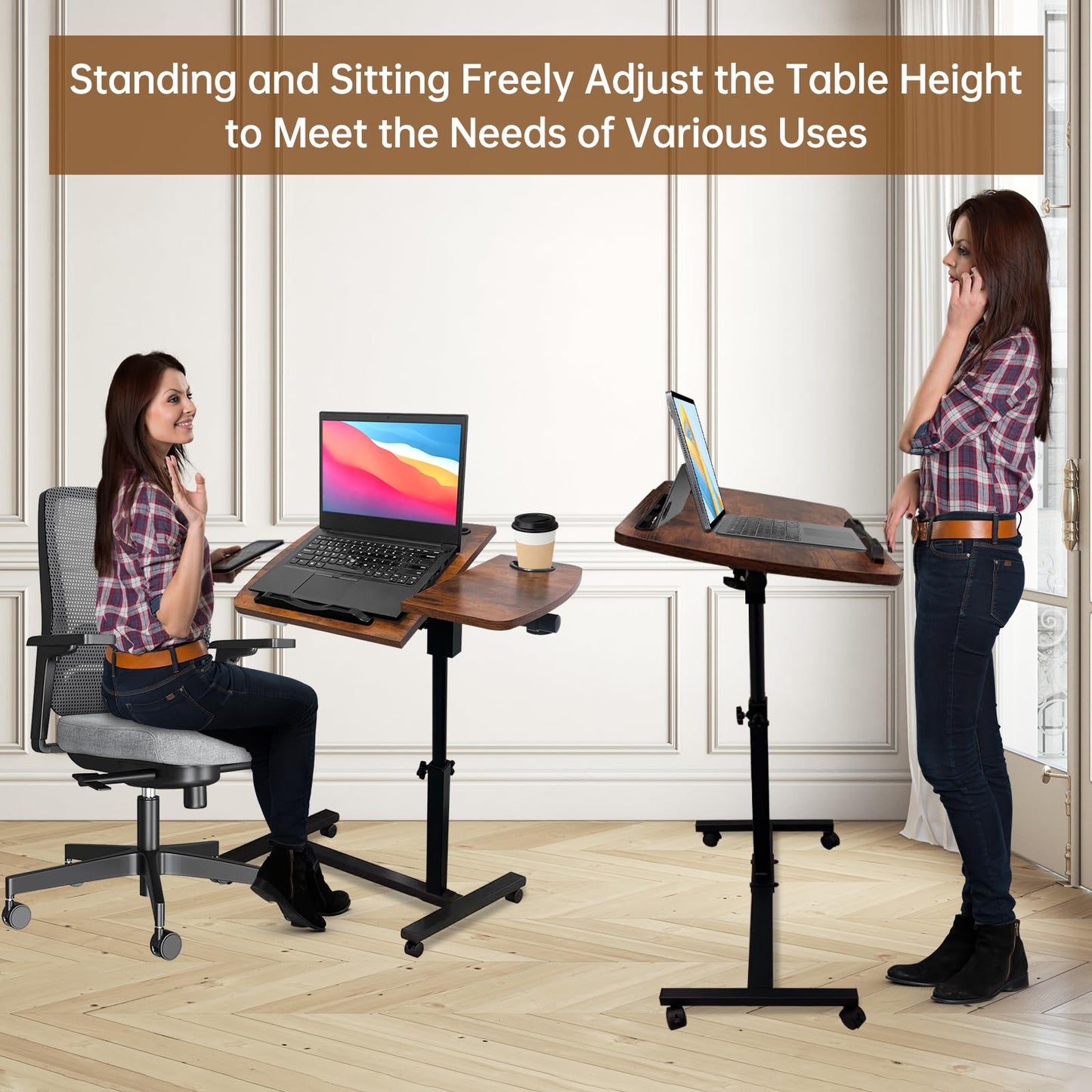 DOKKOME Medical Adjustable Overbed Bedside Table with Wheels, Mobile Standing Desk Laptop Computer Cart with Phone Holder and Drawer for Hospital and Home Use