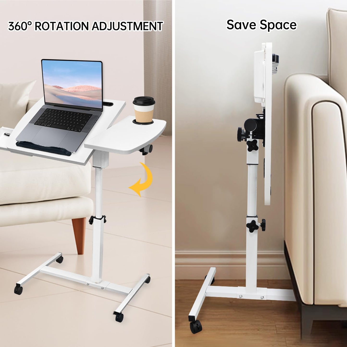 DOKKOME Medical Adjustable Overbed Bedside Table with Wheels, Mobile Standing Desk Laptop Computer Cart with Phone Holder and Drawer for Hospital and Home Use