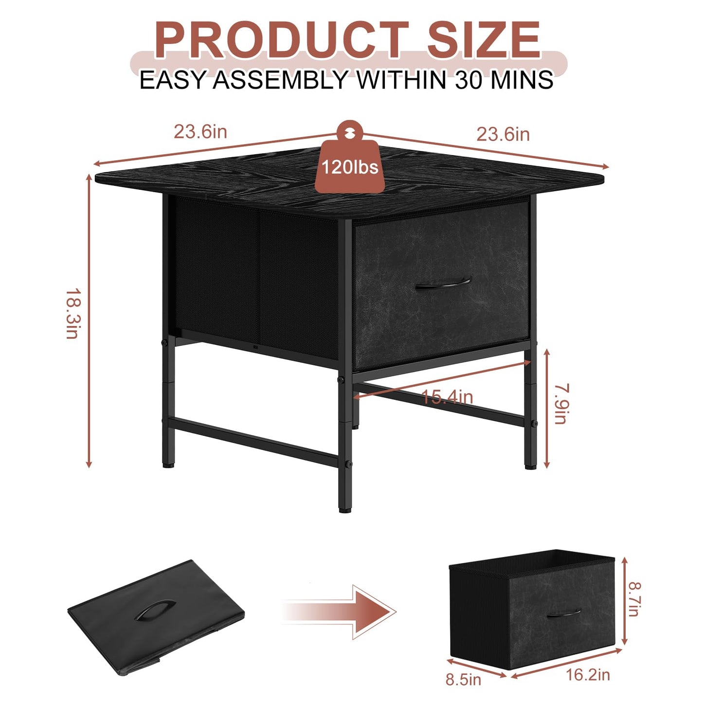 Shinoske Square Coffee Table with Storage Drawer,Small Black Coffee Tables for Living Room,2-Tier Farmhouse Center Table with Round Corners for Small Space,Apartment,Office